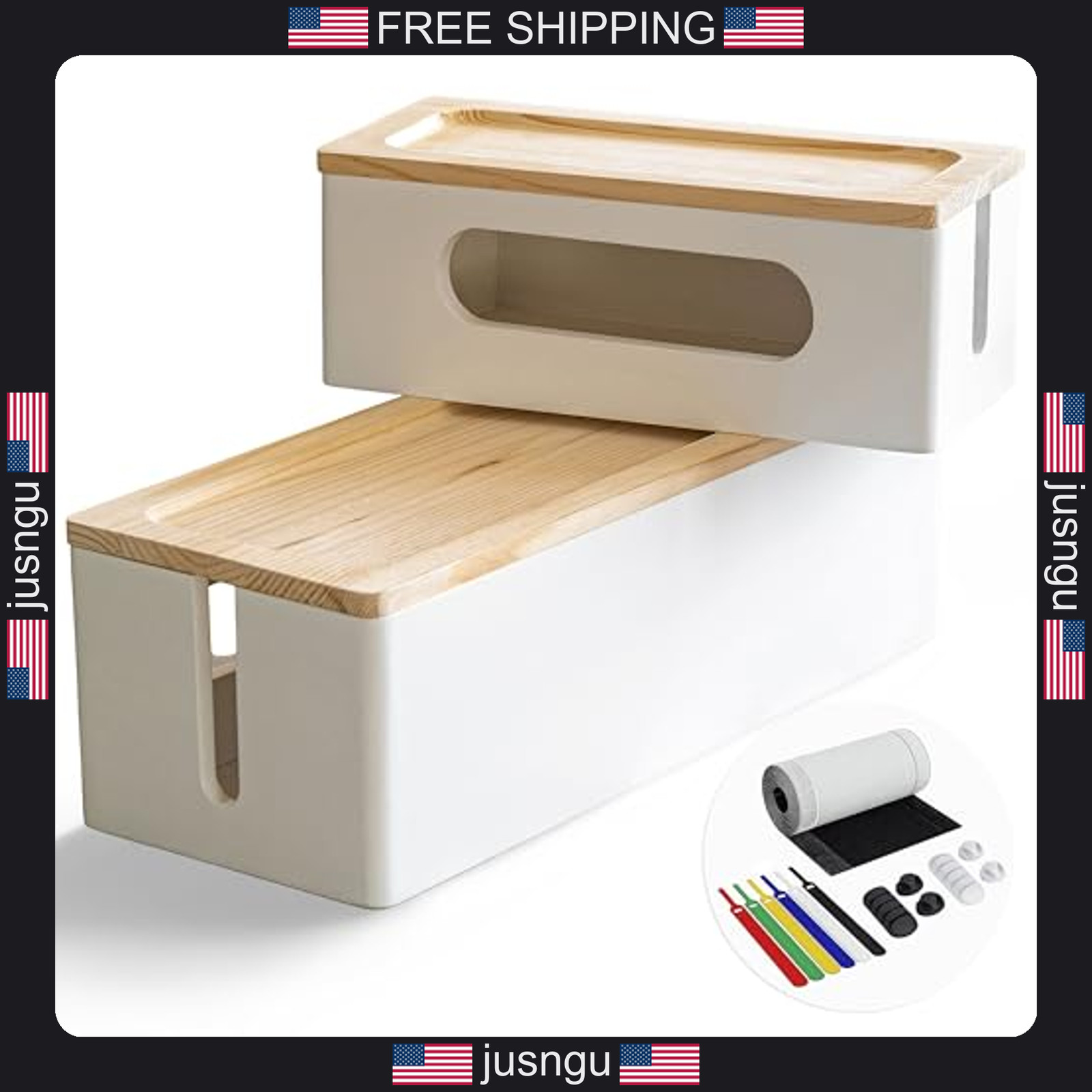 Wood Cable Management Box Set for TV and Desk, Large and Medium Organizers