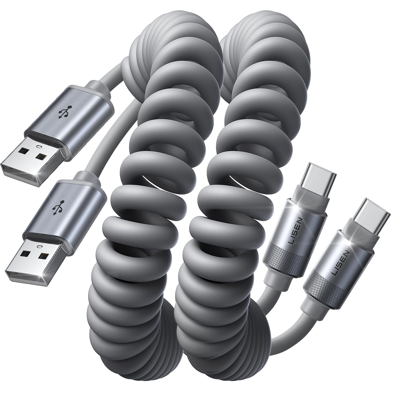 LISEN Coiled USB C Cable, 2 Pack for Android Auto & CarPlay 4FT, Space Gray 