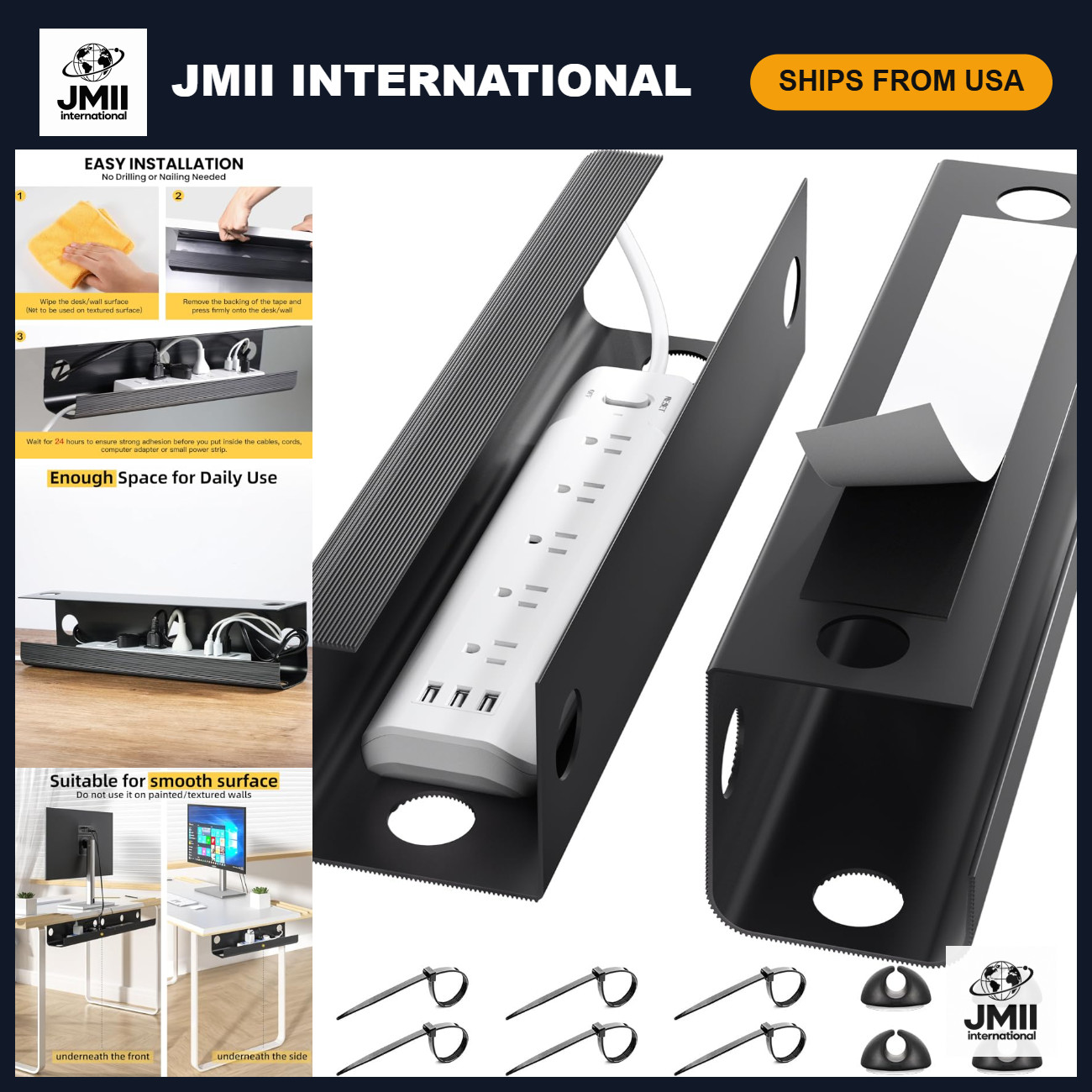 2 Pack Under Desk Cable Management Tray, 31.5" Cable Organizer, Black