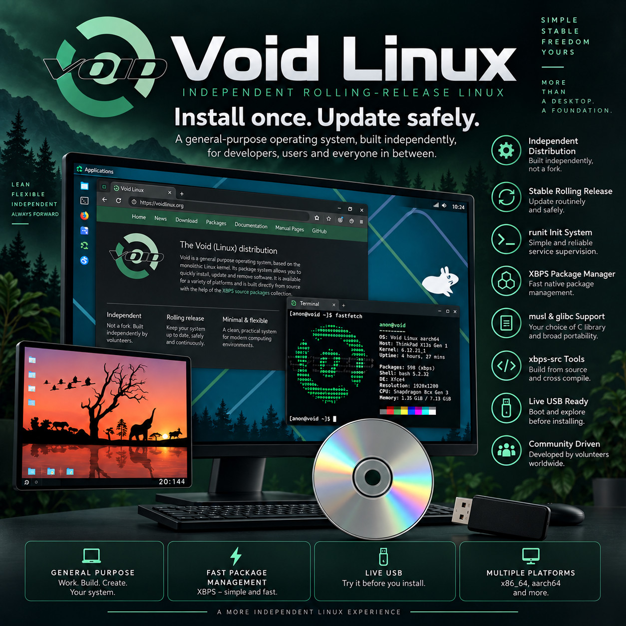 Void Linux | USB & DVD | Stable Rolling OS | Xfce Desktop | x64 & ARM | LATEST