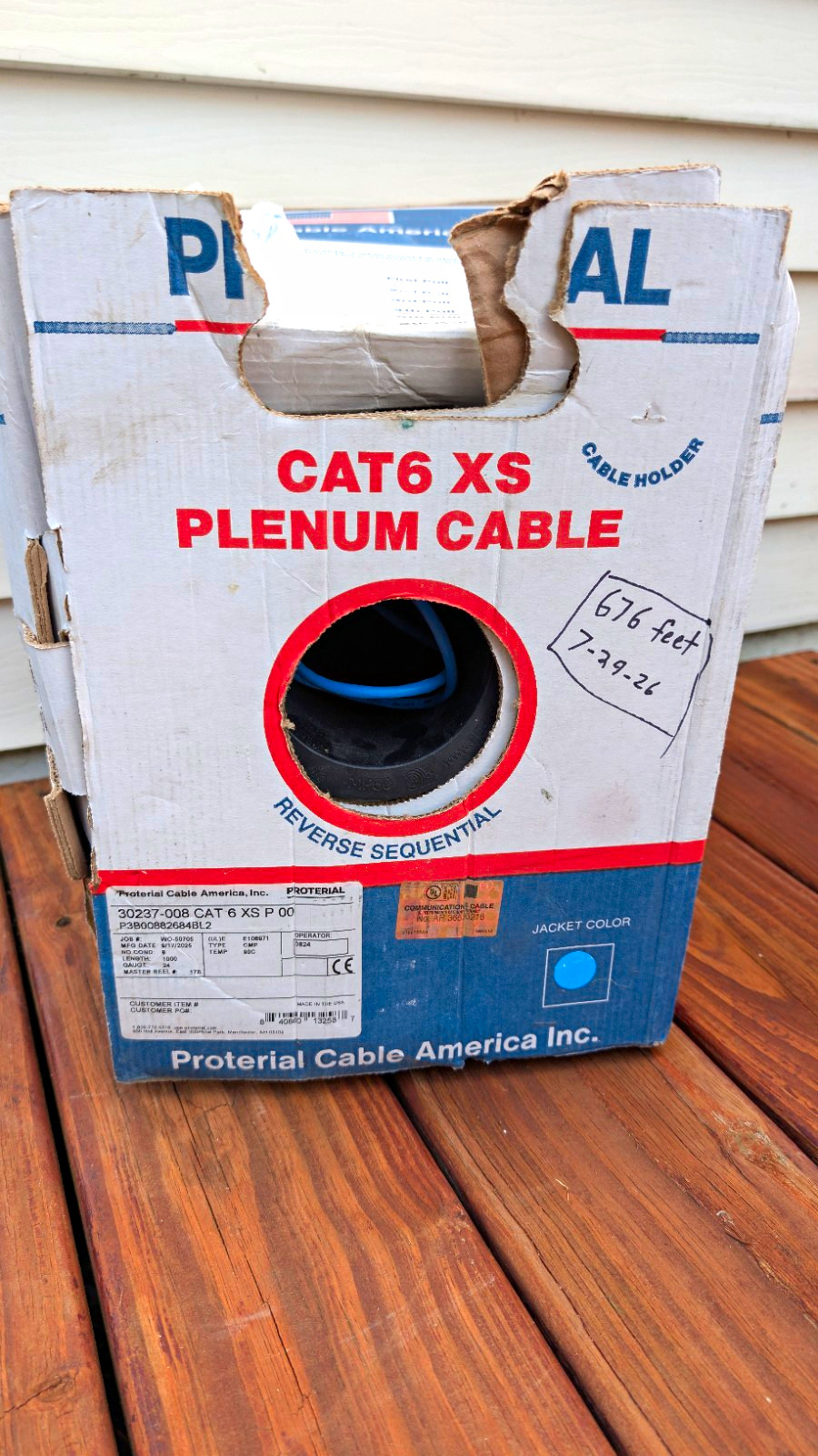 Proterial Cat 6 XS Plenum Bulk Ethernet Cable 676 ft Blue Raw End