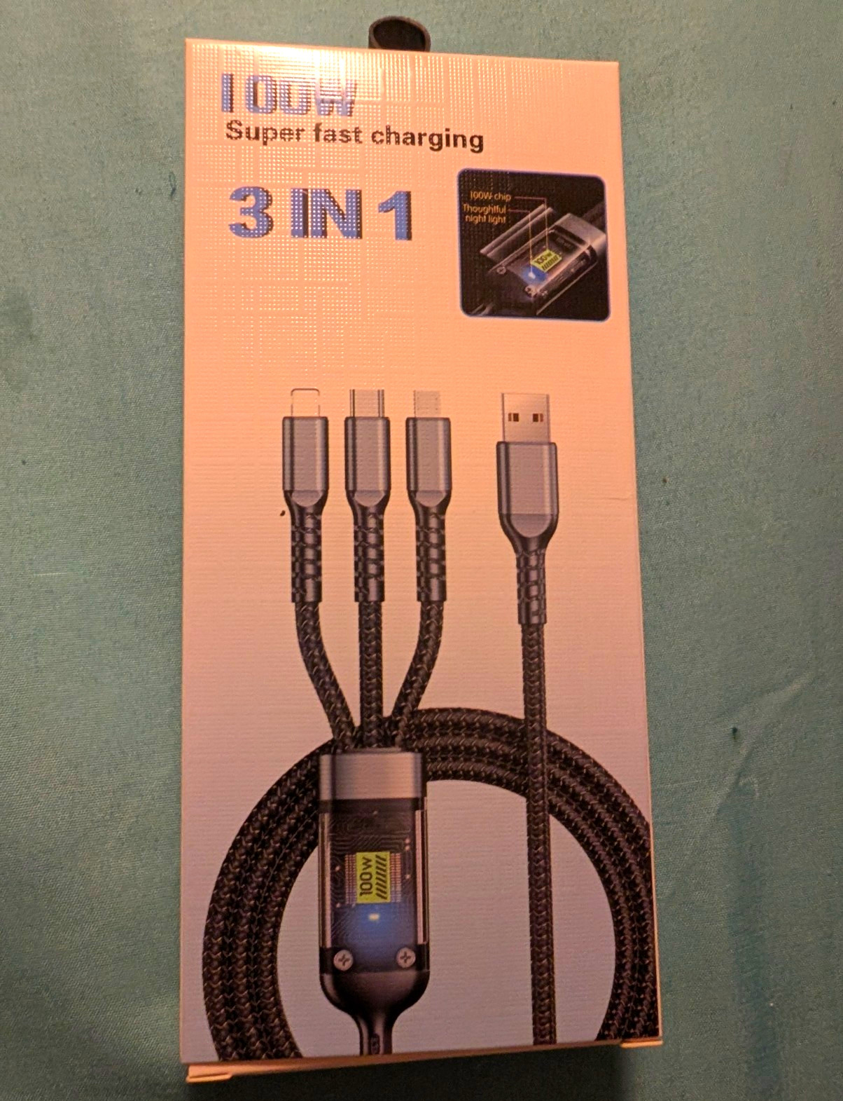 10 100W 3-in-1 Braided Fast Charge Data Cable USB-A to Lightning/USB-C/Micro