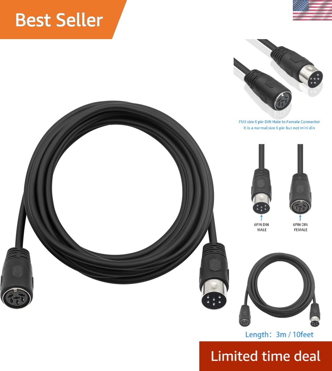 9.8ft Tangle-Free 6 PIN DIN Adapter - Essential for Audio and Video Applications