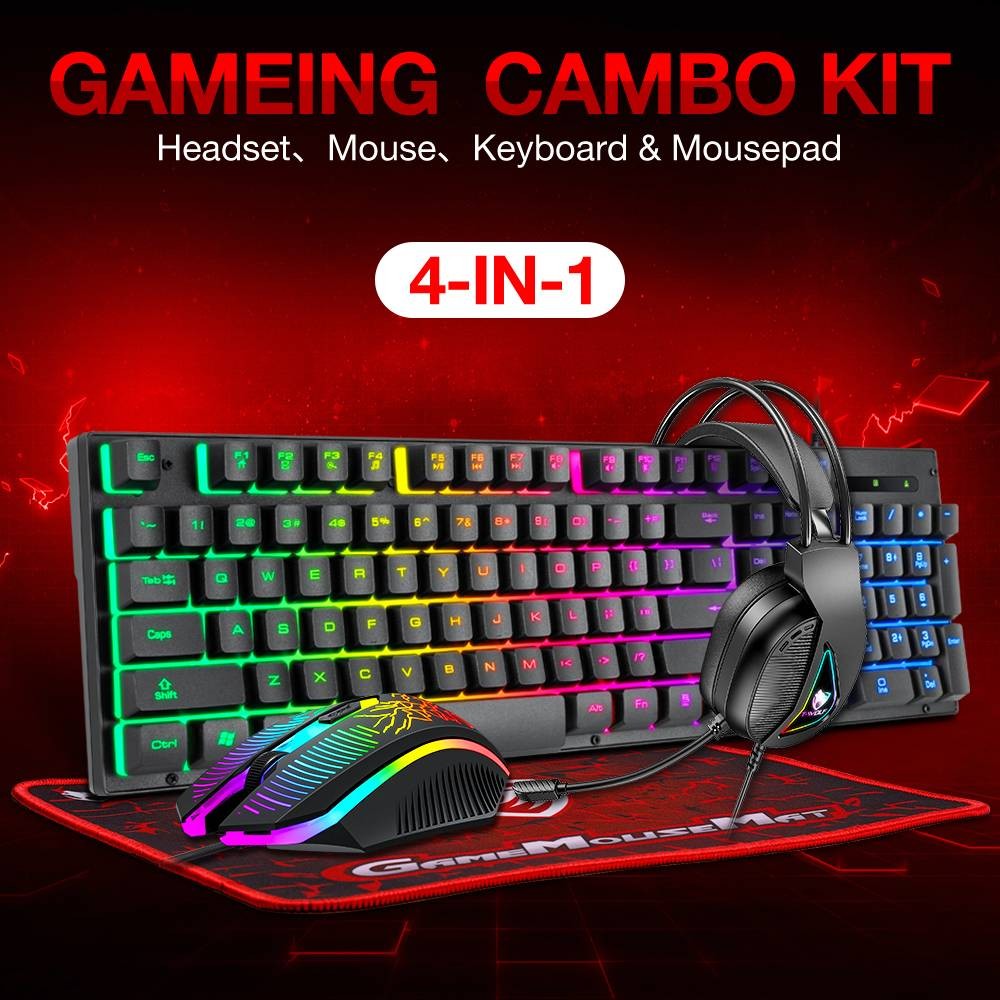 4 In 1 Wired Gaming Keyboard Mouse Headset and Mousepad Bundle RGB LED PC Gamer