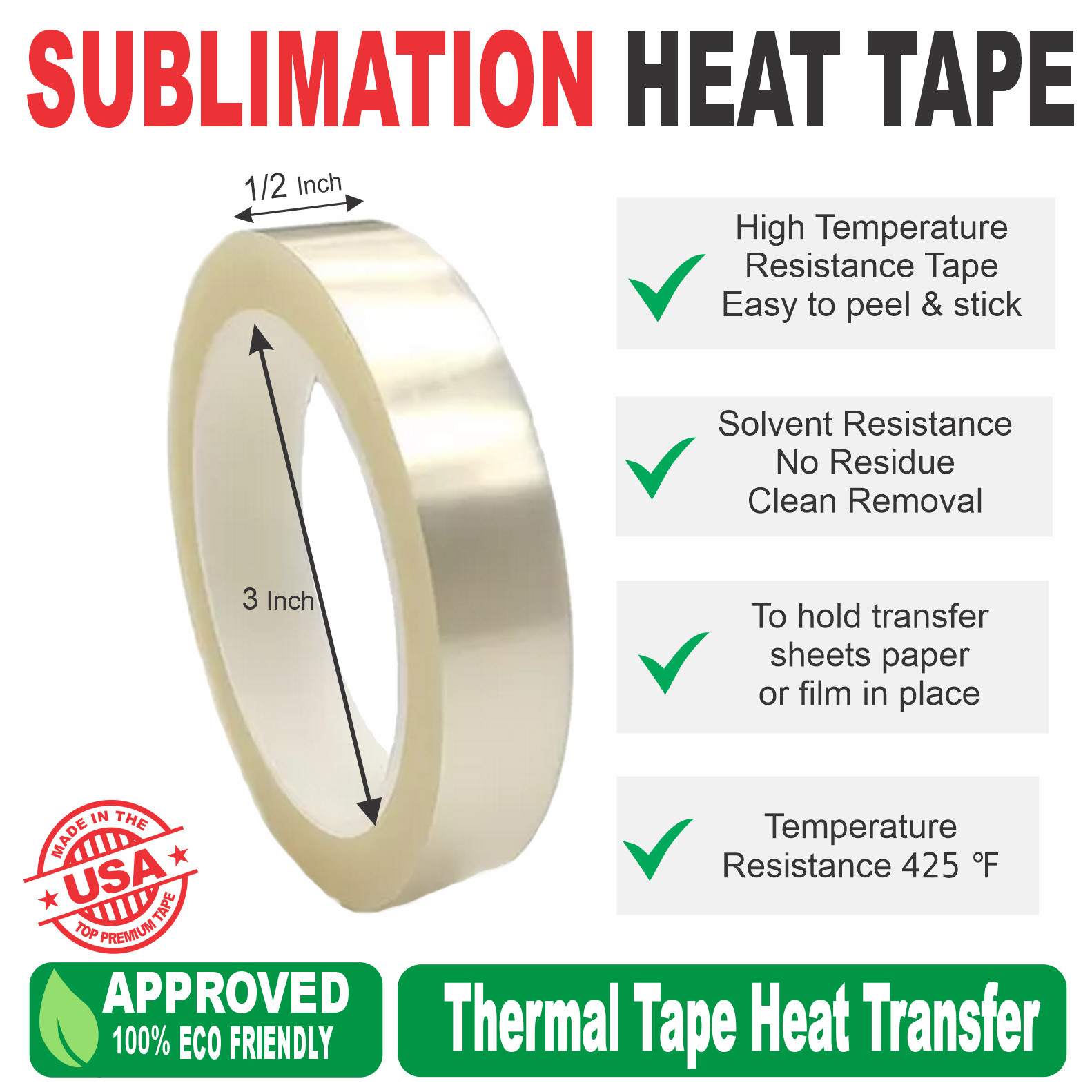1 Roll Heat Tape Resistant Sublimation Thermal Tape Transfer 1/2 Inch X 108 Foot