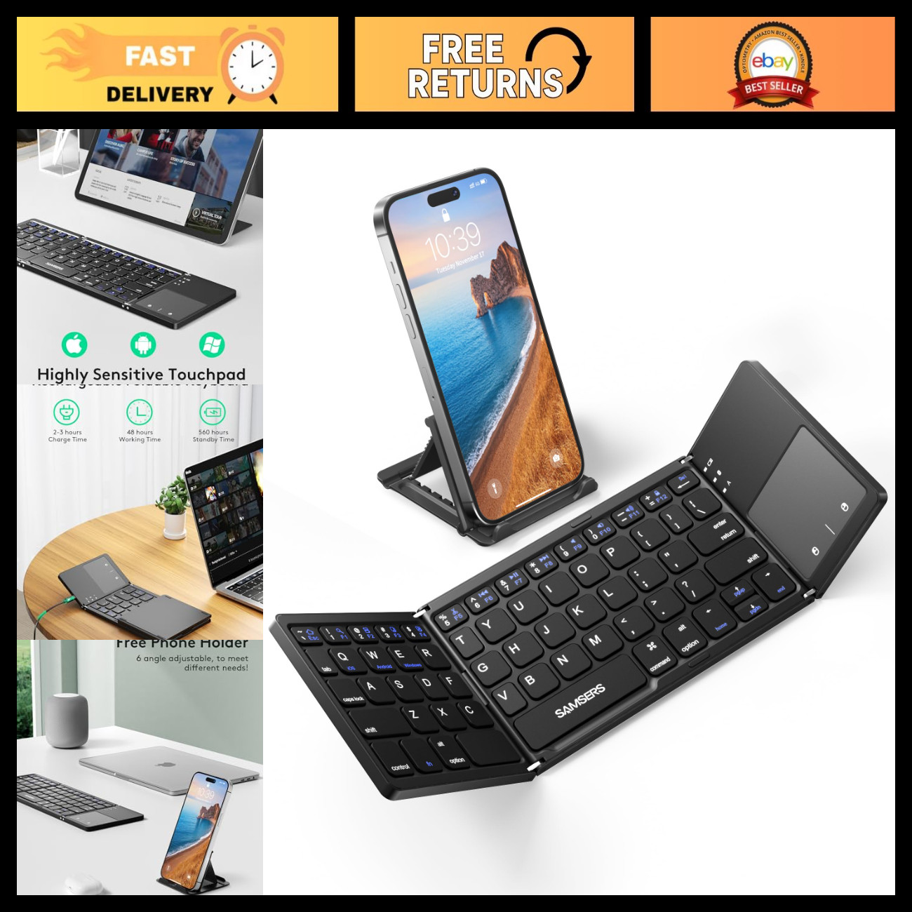 Foldable Bluetooth Keyboard with Touchpad - Ultra Slim Compact Design, Black