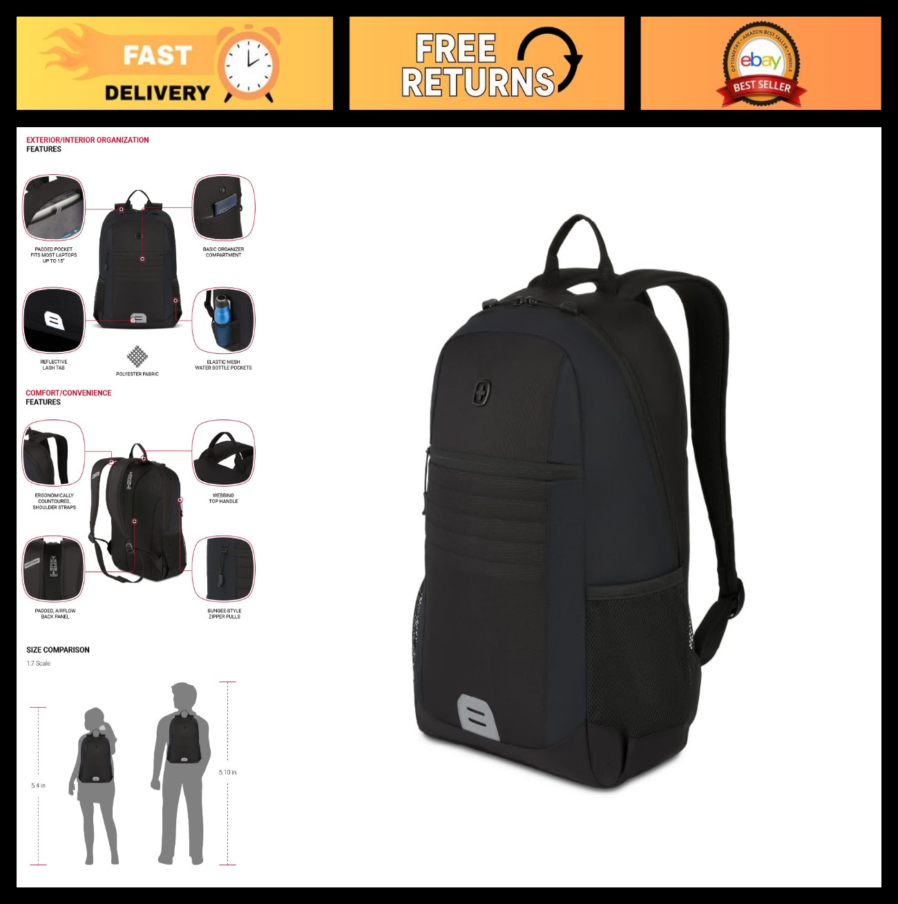 Durable Black Laptop Backpack for 17.5" Laptops, Water-Resistant, Travel-Friendl