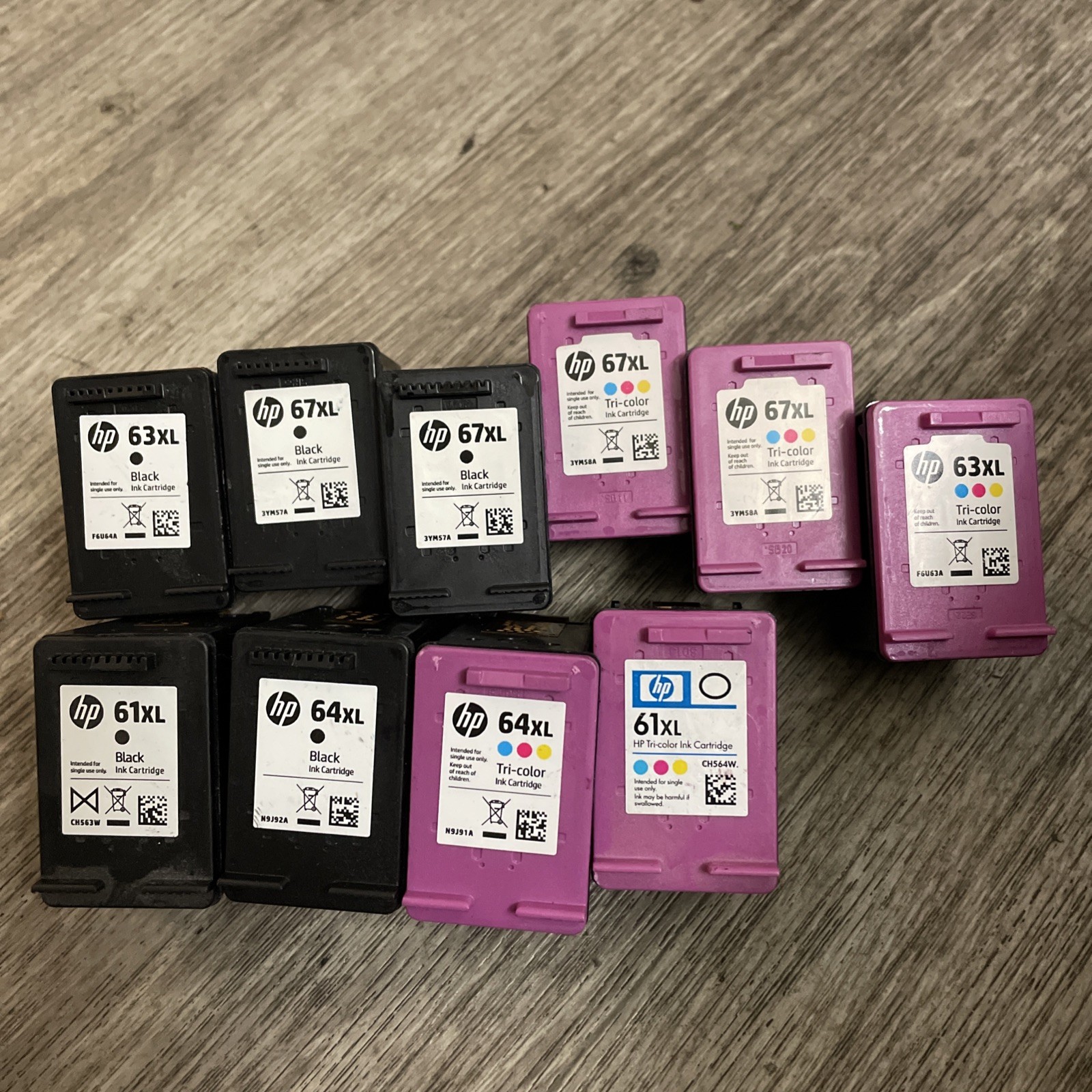 OEM HP 67XL, 63, 64, Empty Ink Cartridge Lot - All Virgin, 5 Color, 5 Black