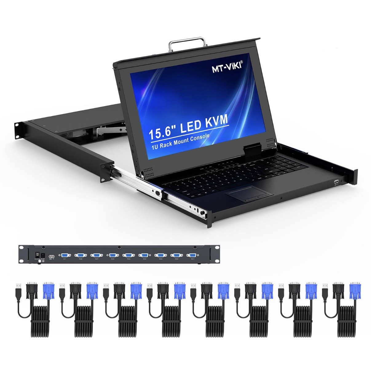 MT-VIKI RackMount  KVM Console 15.6" 8 Port VGA LED 1080P@60Hz 1U w/8 Cables