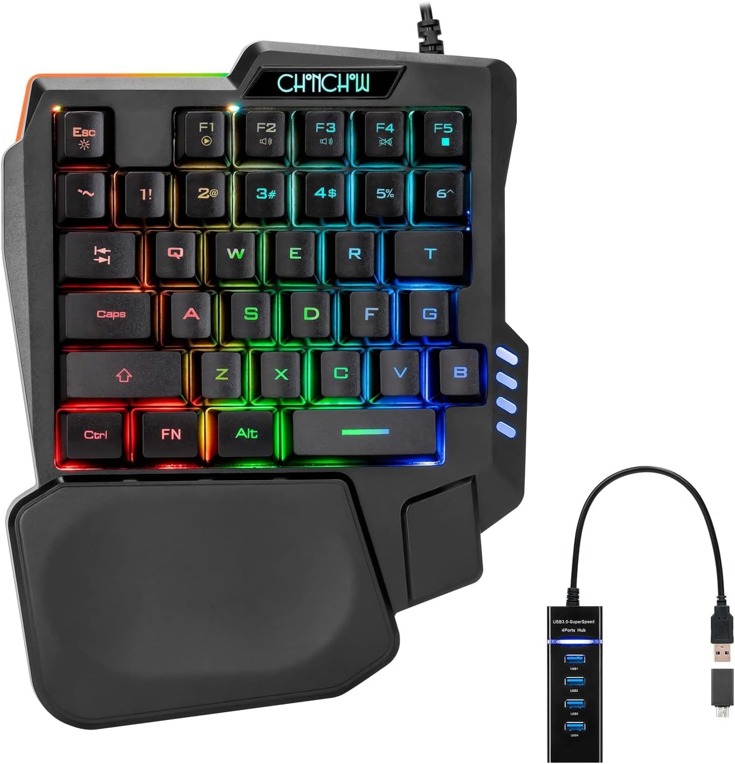 One Handed Gaming Keyboard Rainbow LED Light Up, 35 Keys Protable
