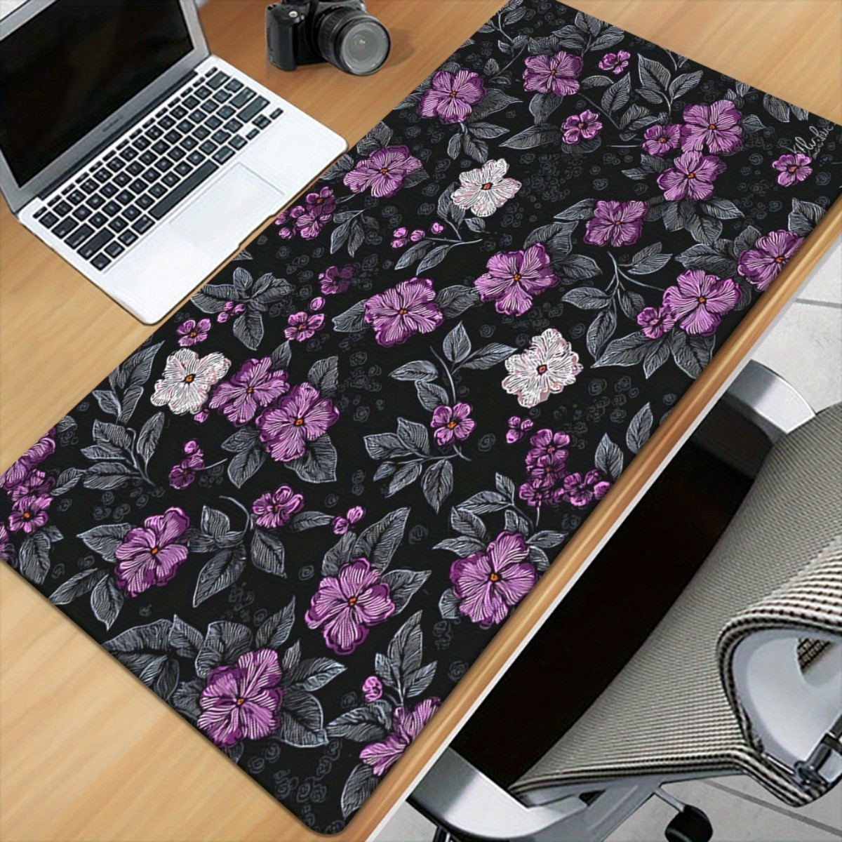 Extra Large Non-Slip Rubber Mouse Pad - Purple Floral Leaf Pattern on a Black