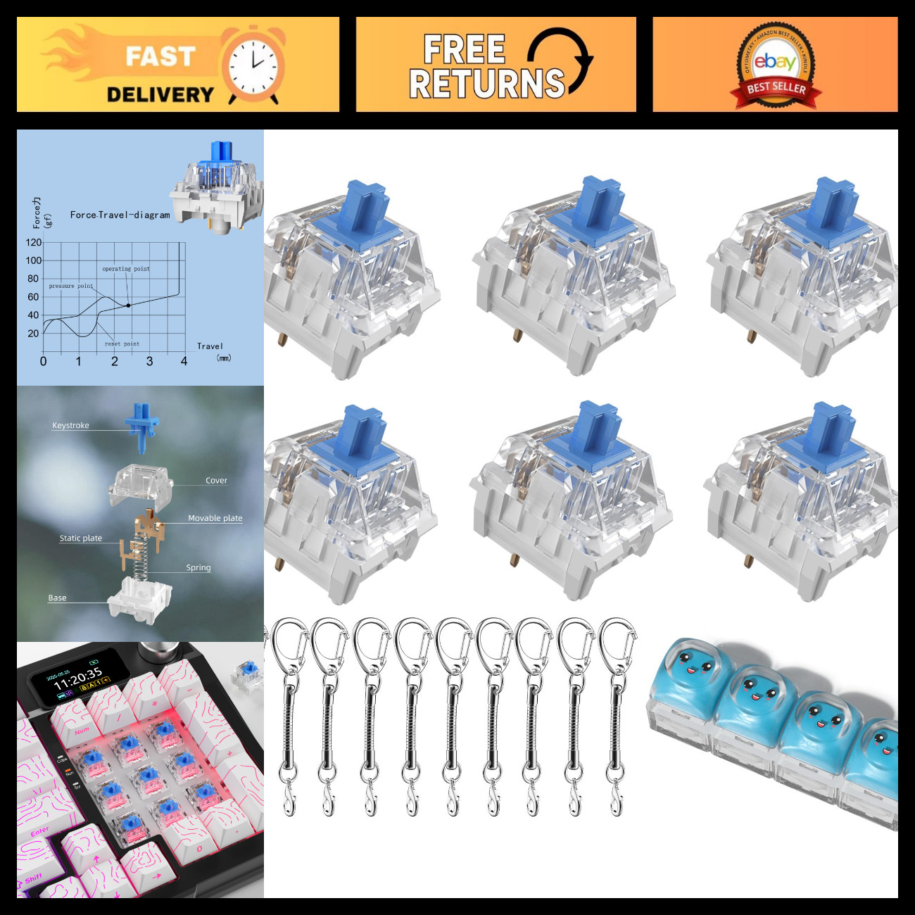 200pcs Clickers for 3D Prints - Blue Clicky Keyboard Switches, High-Quality, Dur