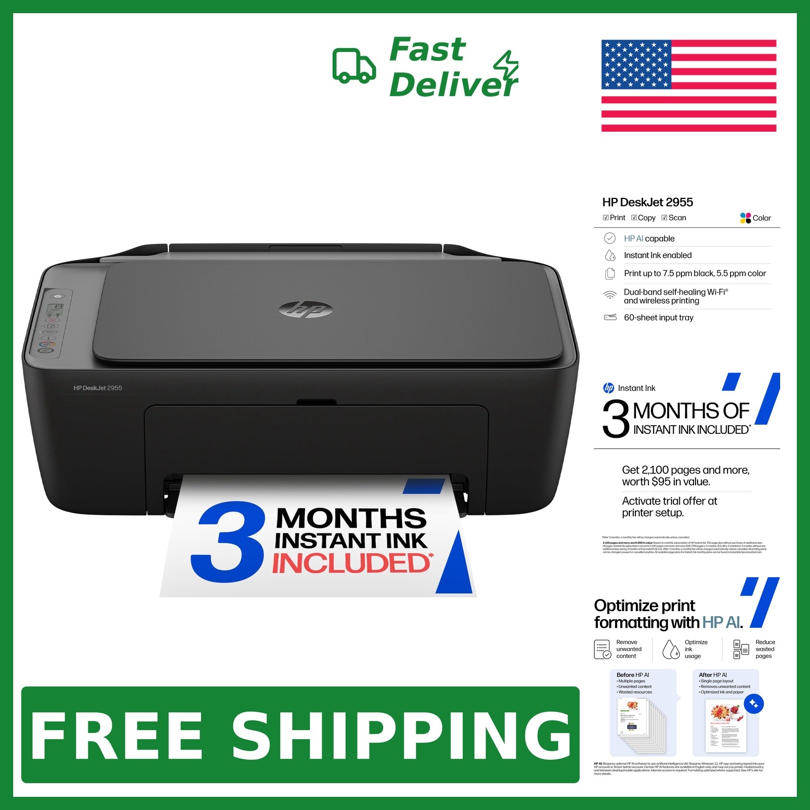 HP DeskJet 2955 Wireless All-in-One Color Printer