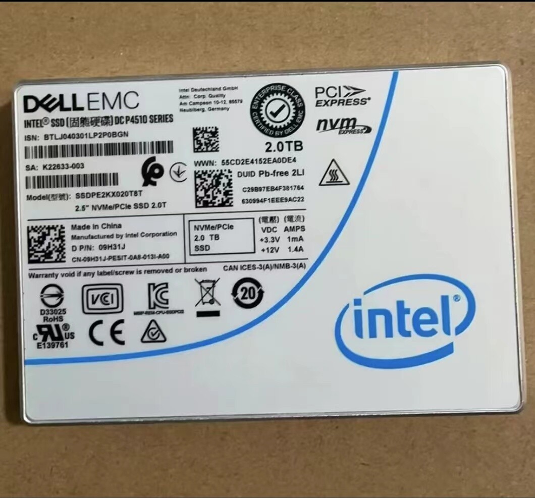 2TB SSD INTEL P4510 Series DELL EMC SSDPE2KX020T8T PIN:09H31J NVMe/PCie 2.0T..-