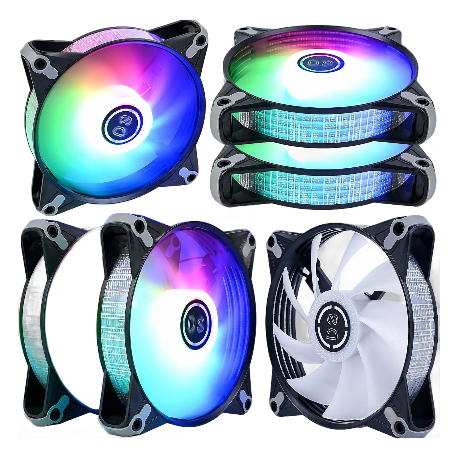 DS RGB Fans, 120mm 6 Pack Case Cooling LED Fans for White Black PC Case, CPU