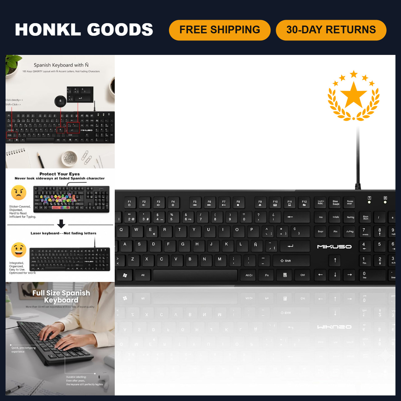 USB Wired Spanish Keyboard - 105 Keys QWERTY ANSI Layout with Ñ, Perfect for Typ
