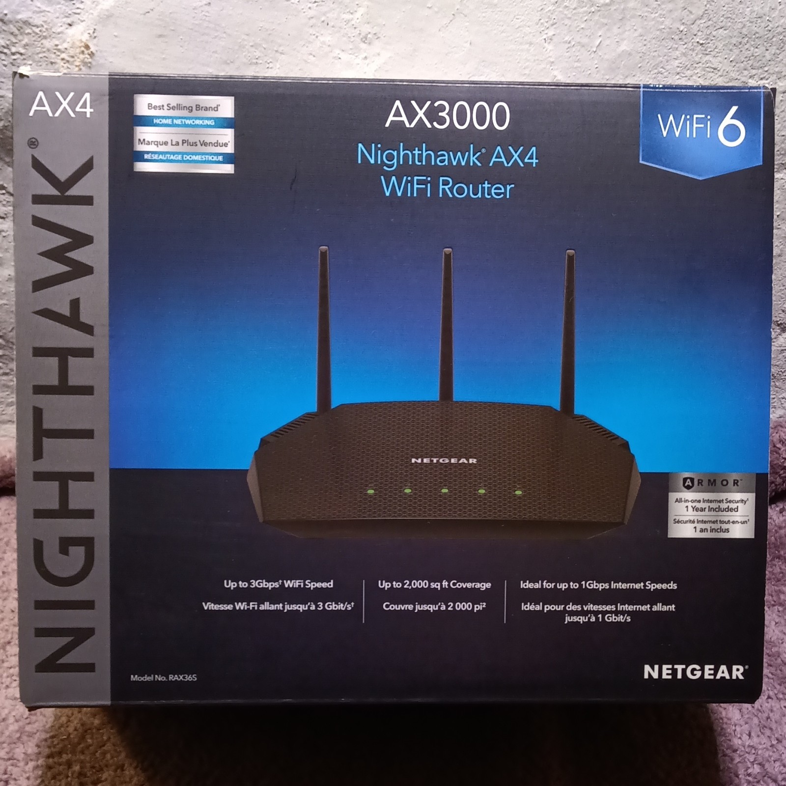 NETGEAR Nighthawk AX4 WiFi 6 AX3000 Router, 4 LAN 1Gbps Black RAX36S