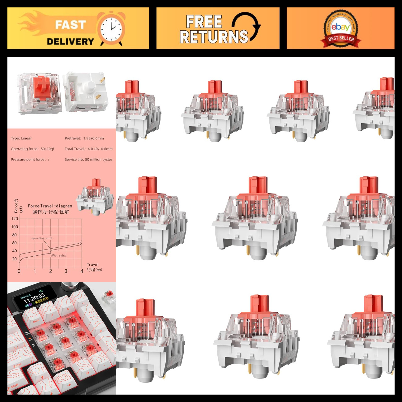 50gf Red Linear Switches 3 Pin - Pre-Lubricated, Dustproof for RGB Mechanical Ke