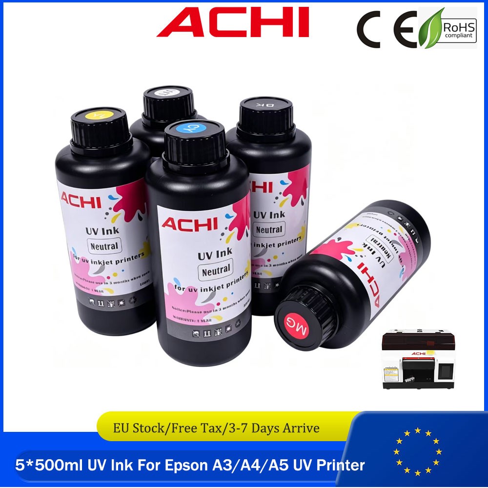 ACHI 5*500ml UV Neutral Ink Refill For Epson R1390/L800/DX5 UV Printer CMYKW EU