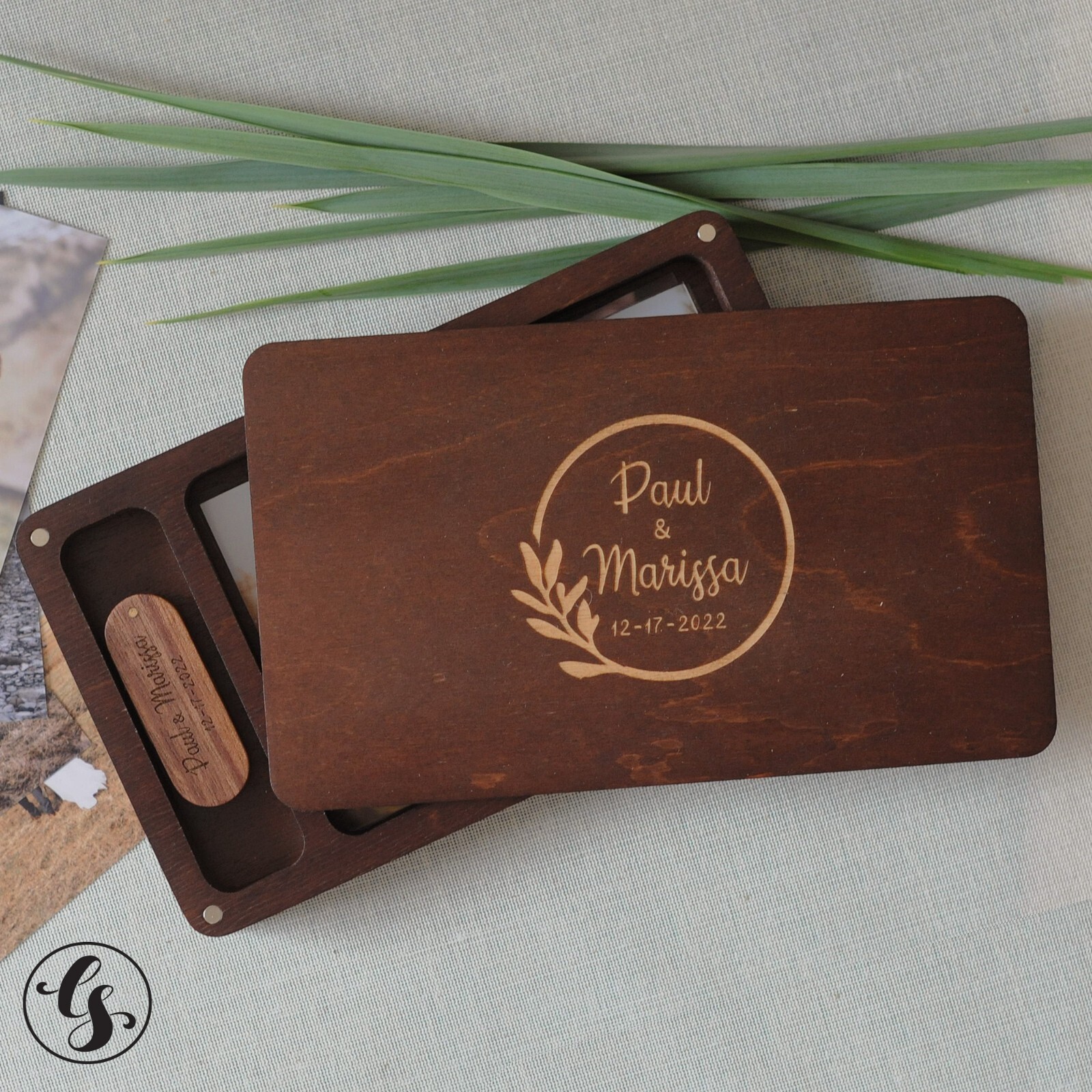 Personalized 4x6 Photo Box Wood USB Flash Pen Drive Wedding Photography logo