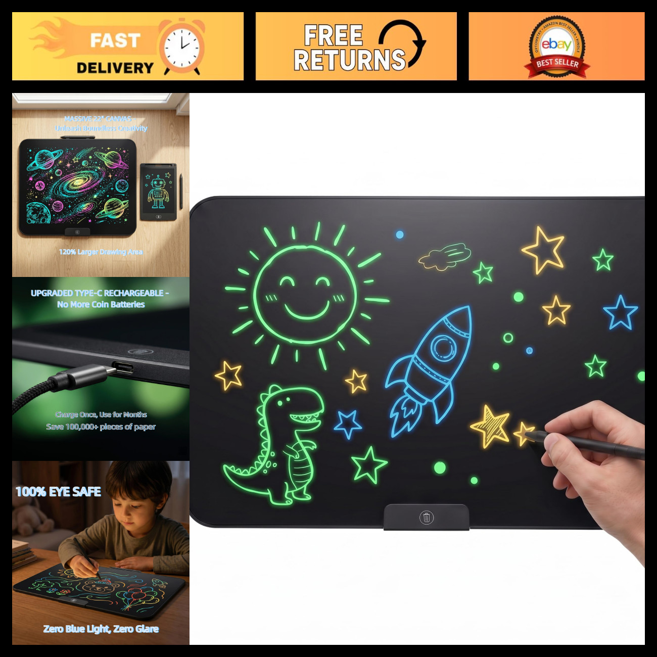 22" LCD Writing Tablet, Rechargeable Drawing Pad for Kids & Adults, Doodle Board