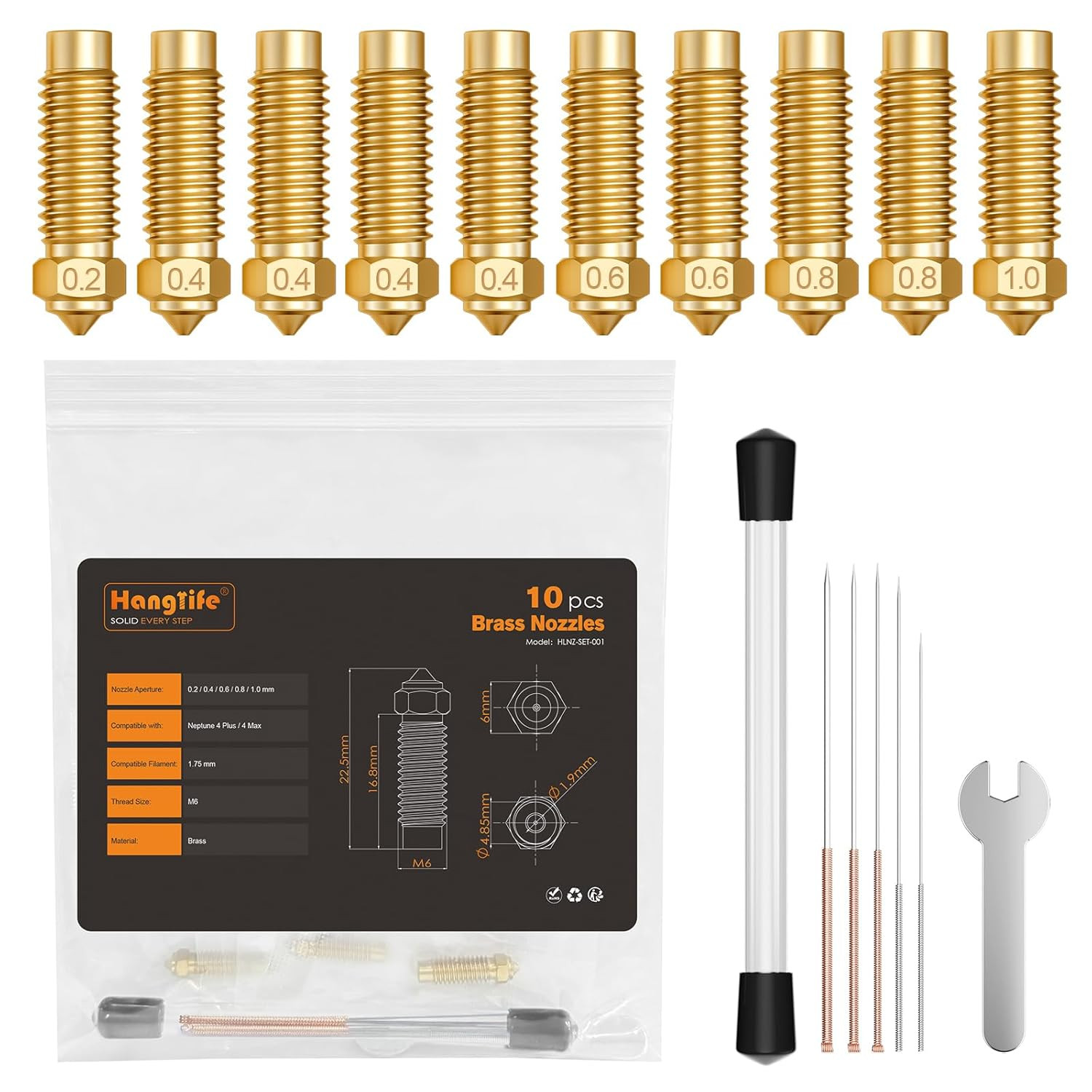 Nozzles Kit for Elegoo Neptune 4 Plus/Max 3D Printer - 10Pcs Brass Nozzles in 5