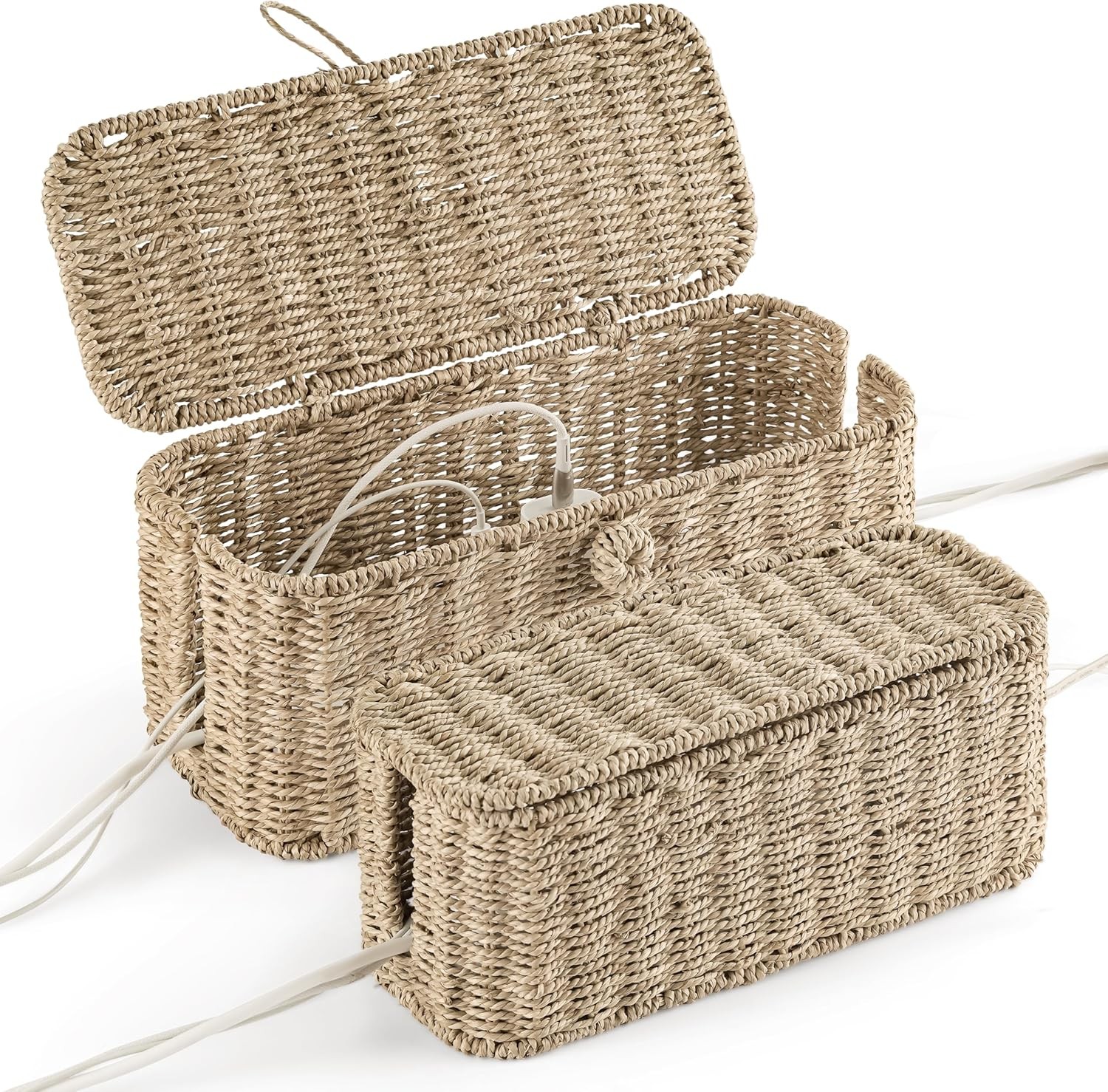 2 Pack Large Cable Management Box Natural Rattan Cord Organizer Boxes Power