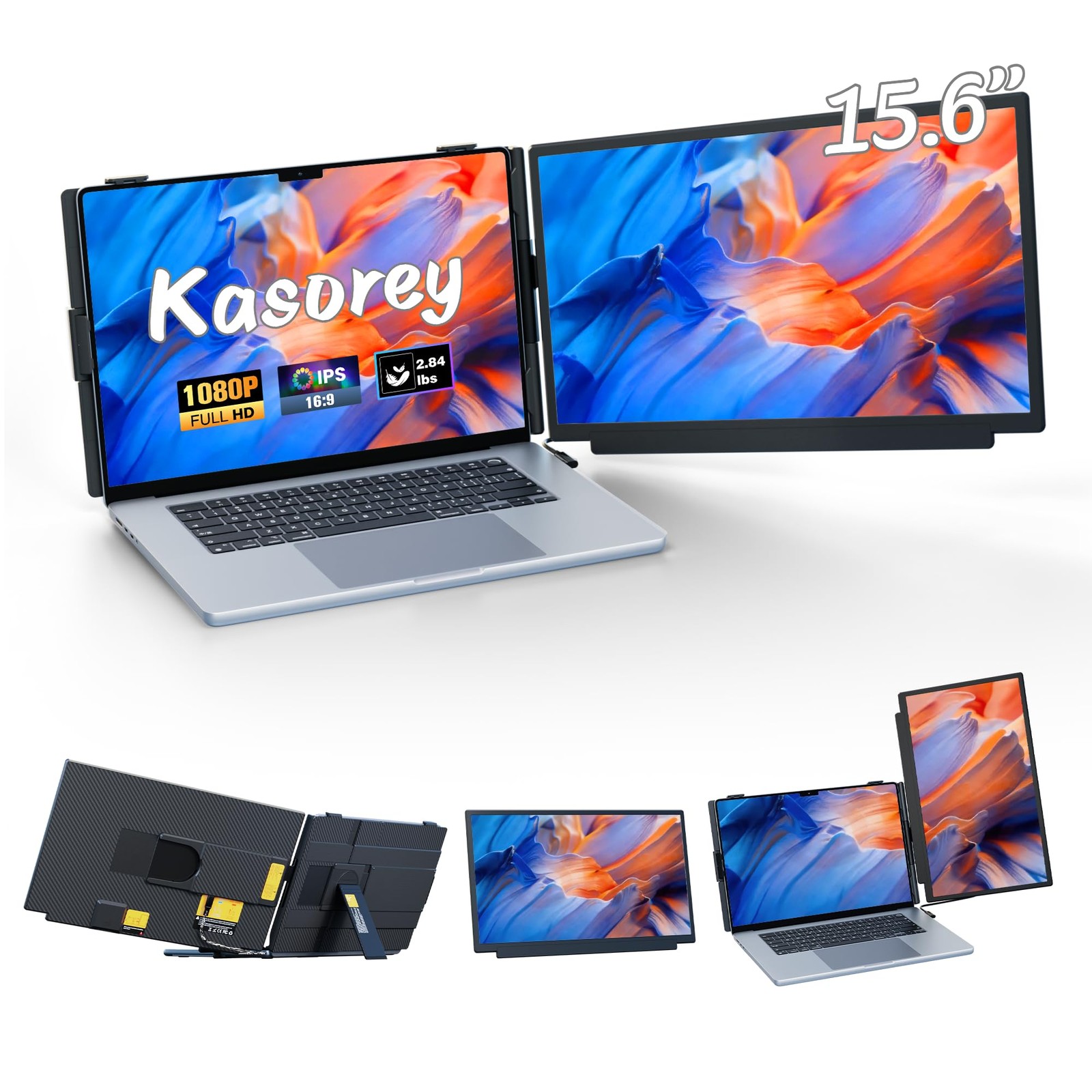 kasorey Laptop Screen Extender, 15.6" FHD 1080P Dual Screen, Black