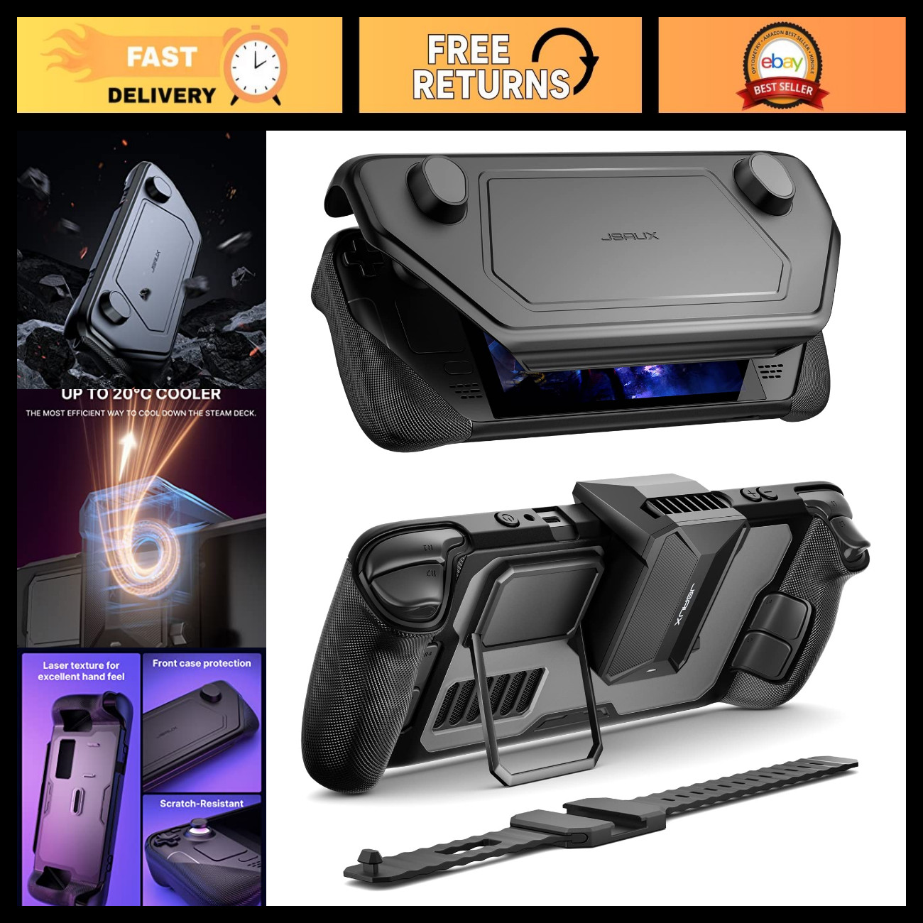 Modular Steam Deck Case with Cooling Fan, Face Cover, Metal Bracket & Strap