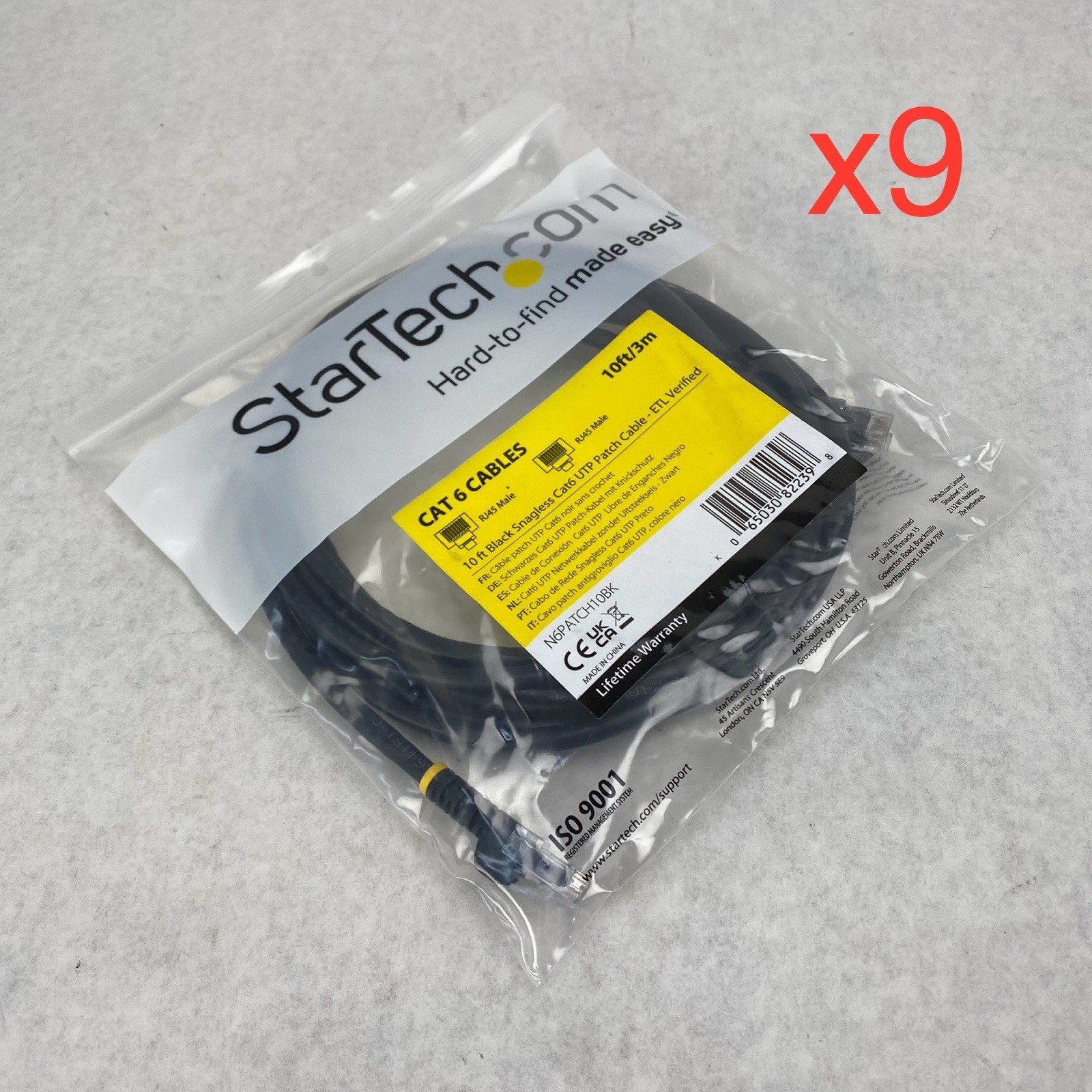 StarTech 10ft/3m Black Snagless Cat6 UTP Patch Cable (Lot of 9)