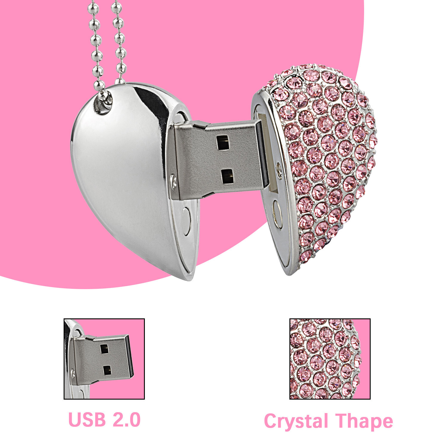 32GB 64GB Heart Shape USB Flash Drive Necklace Memory Stick Birthday Gift Drive