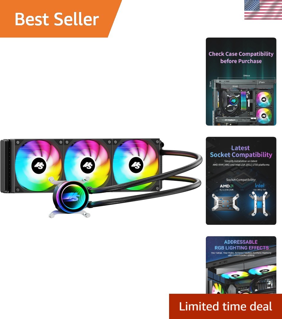 AIO CPU Cooler, 360mm AIO with High-Speed Ceramic Bearing Pump, 3X PWM ARGB F...