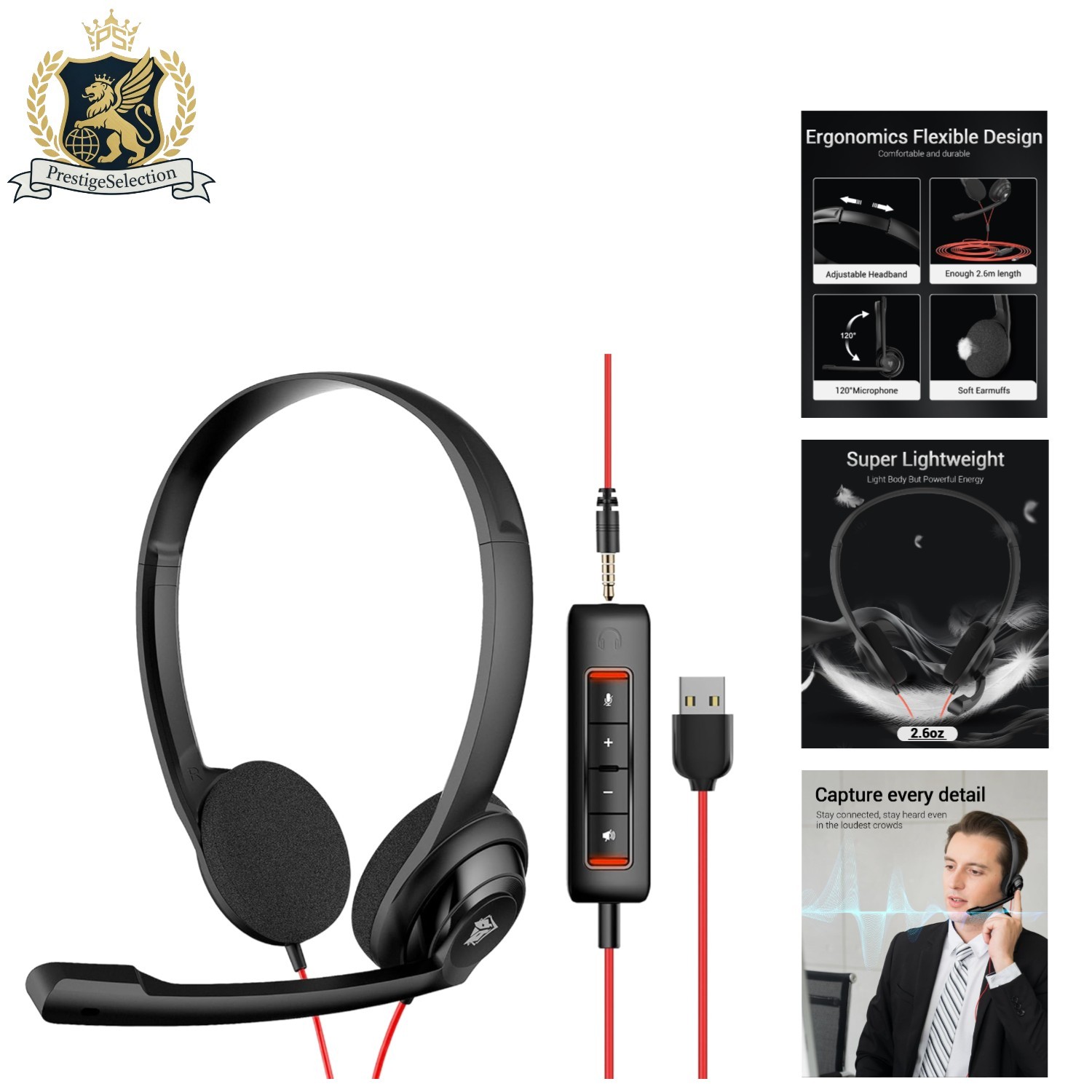 HW02 USB Computer Headset: Lightweight On-Ear Wired Design for Clear Calls