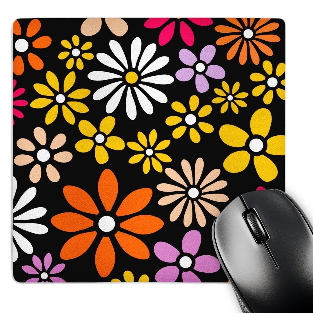 3dRose Retro Flower Pattern Mouse Pad 8x8 White Yellow Orange Daisy 60s 70s