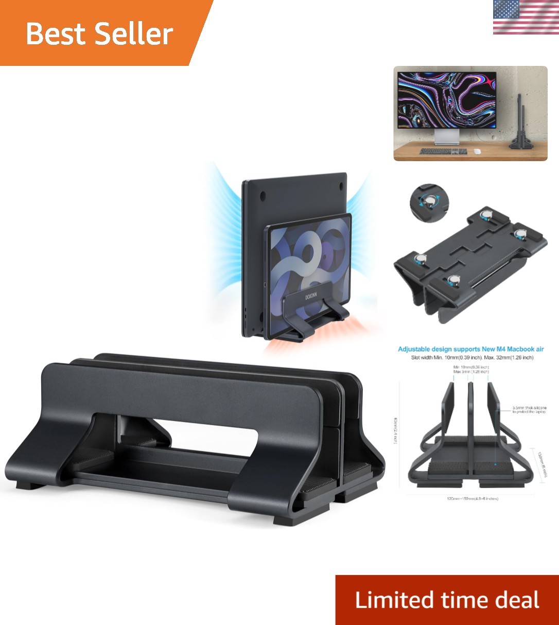 Space-Saving Adjustable Laptop Stand with Non-Slip Holders for 15-36mm Devices