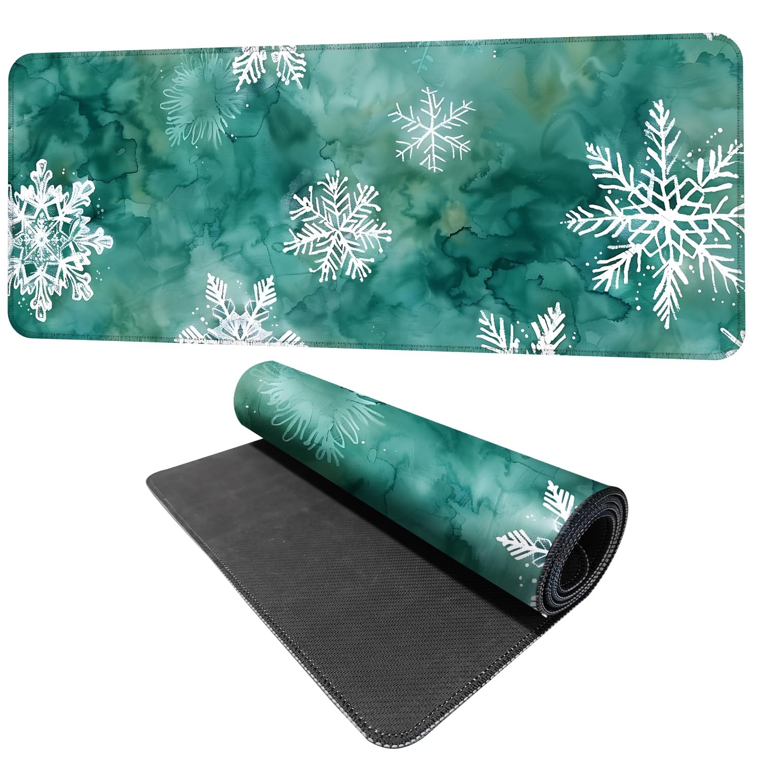 Snowflake Mouse Pad XXL – Large Winter Desk Mat, Green Watercolor Holiday Gaming
