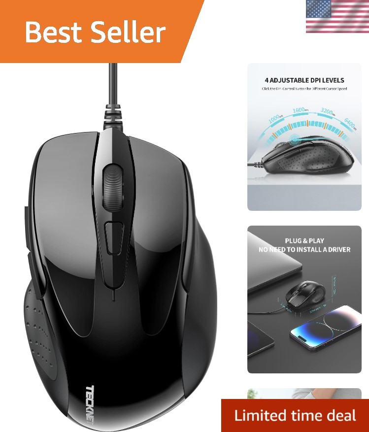 TECKNET 6-Button USB Wired Mouse with Side Buttons, Optical Computer Mouse