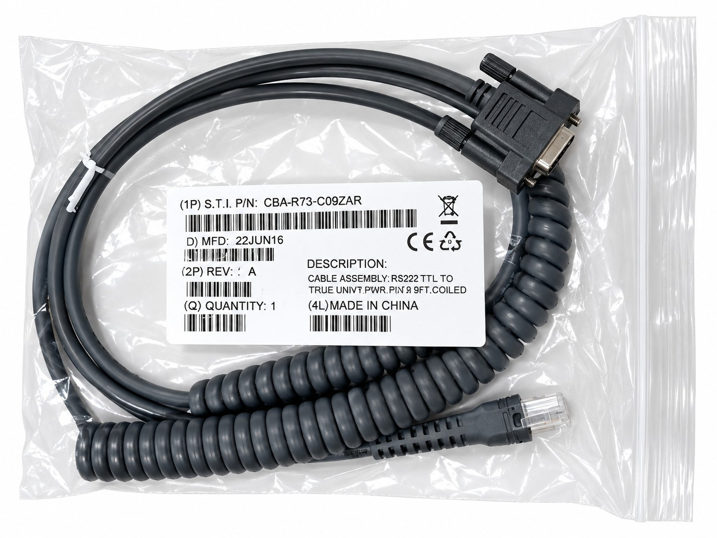 Zebra Symbol CBA-R73-C09ZAR RS232 9FT Coiled Barcode Scanner Cable OEM NEW