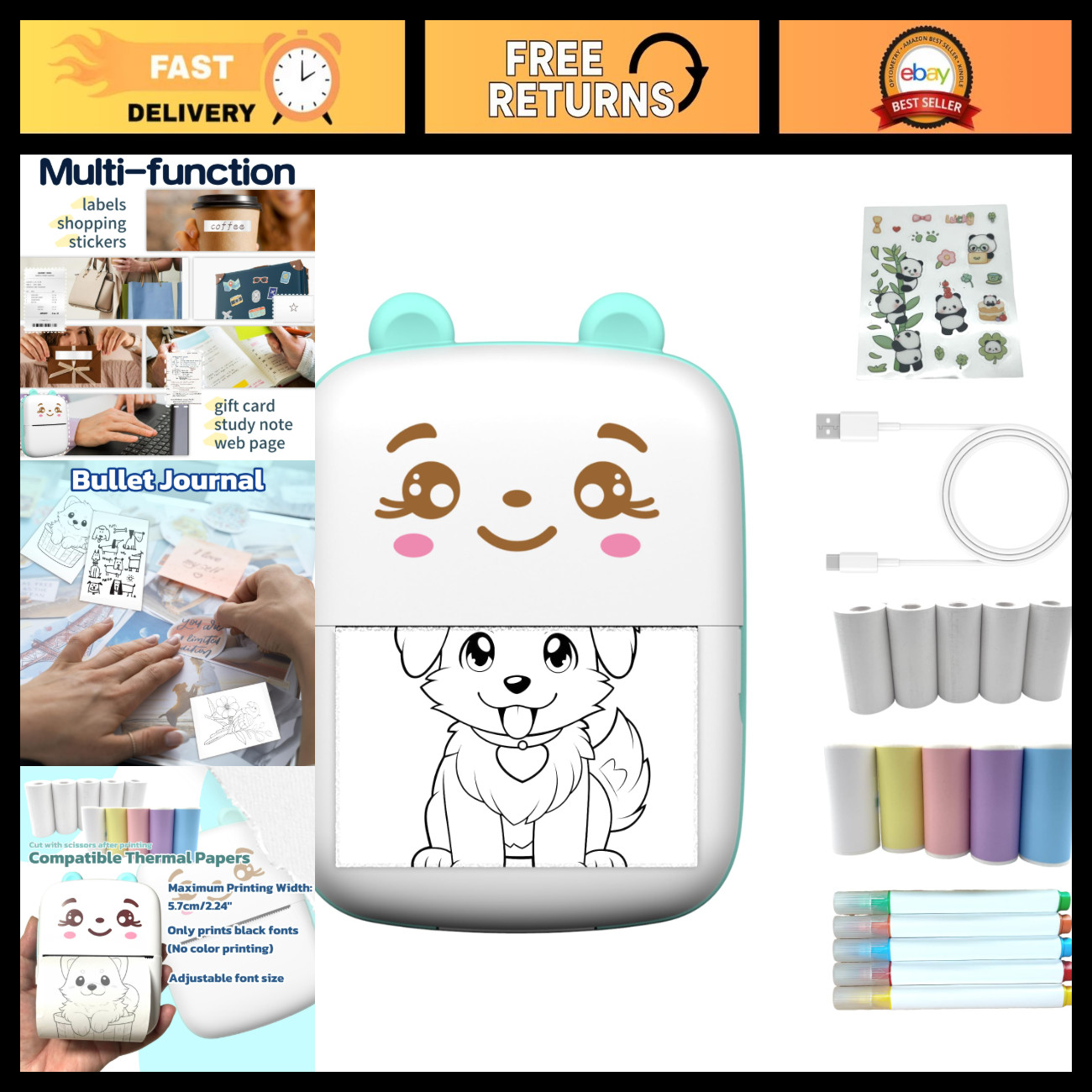 Portable Mini Sticker Printer - Bluetooth Thermal Label Maker, 10 Paper Rolls, I
