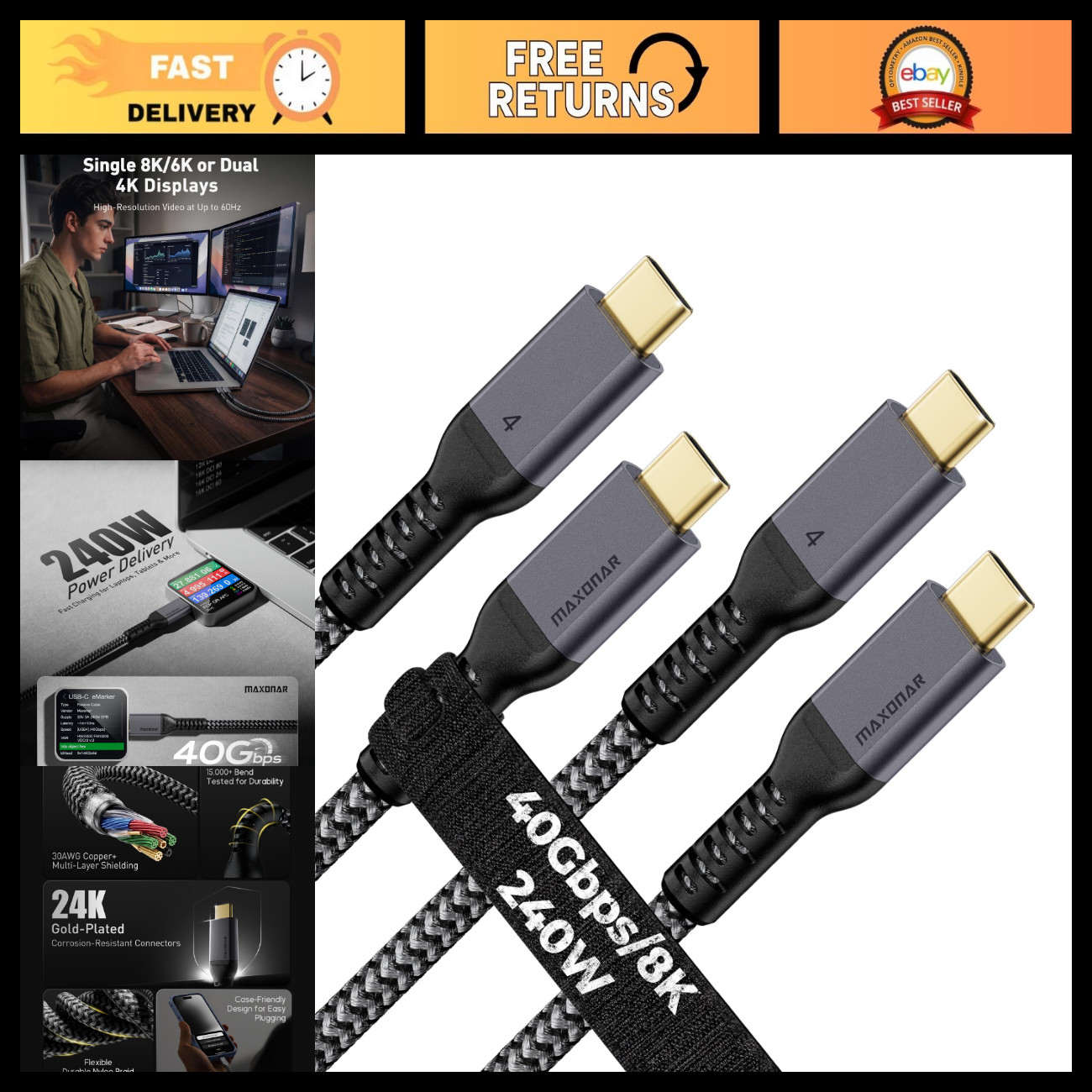 10FT USB4 Thunderbolt 4 Cable 2-Pack, 40Gbps Data Transfer, 240W Power, 8K Video