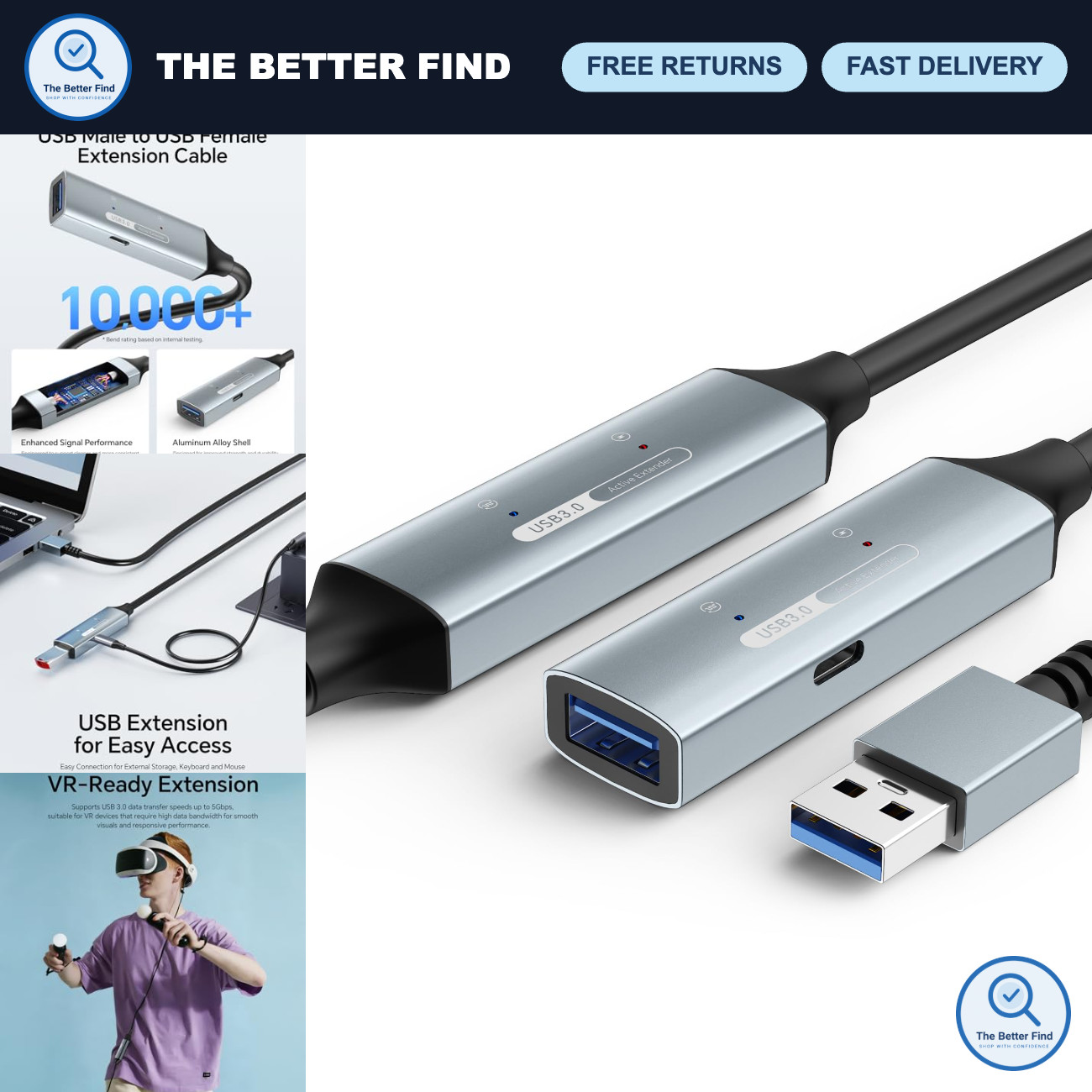 33ft USB 3.0 Active Extension Cable, 5Gbps Fast Data Transfer for VR, Webcam, Xb