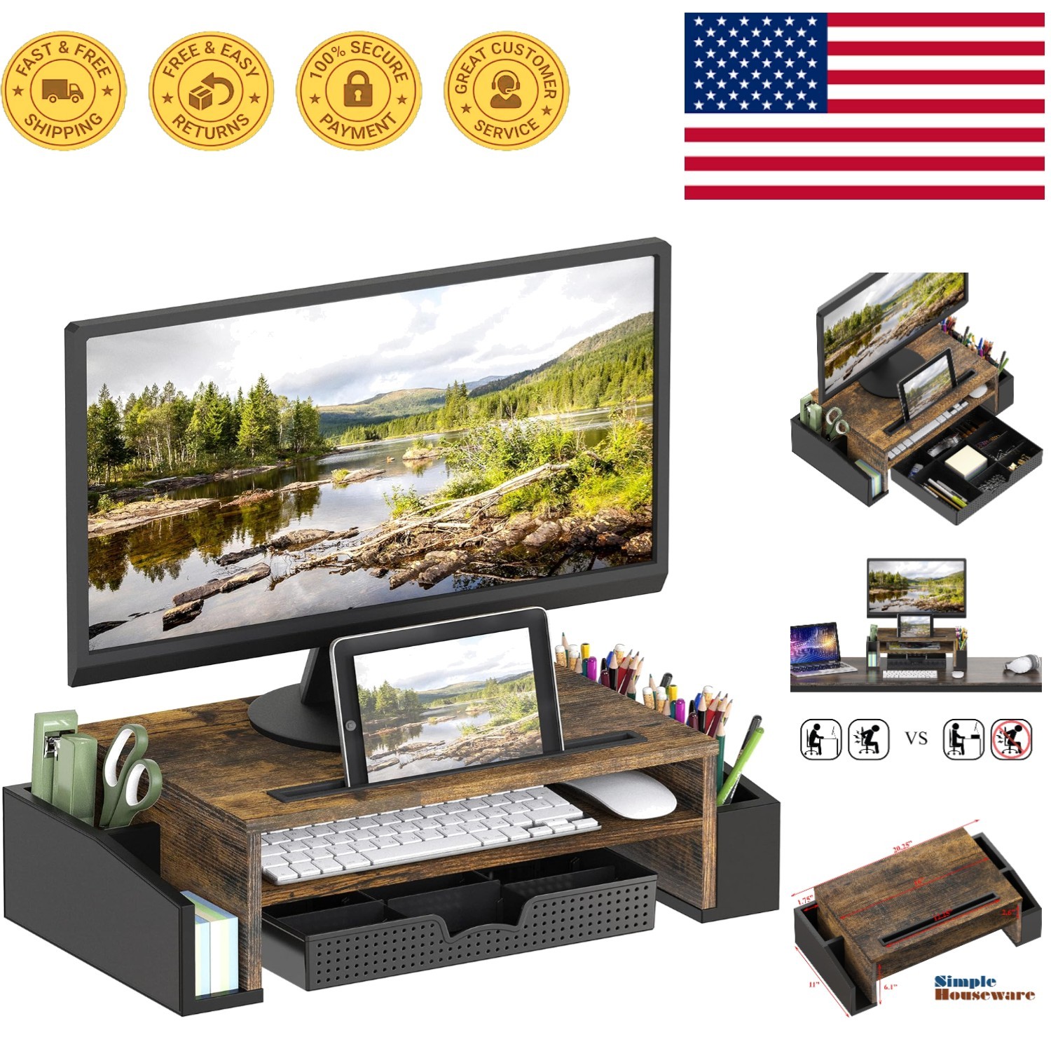 Elegant Rustic Brown Monitor Riser with Storage and Adjustable Organizer Tray