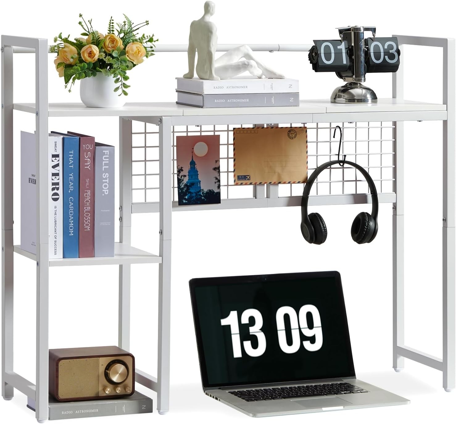 White 4-Tier Desk Organizer Shelf with Grid Back Panel, 36 Inch Monitor Stand
