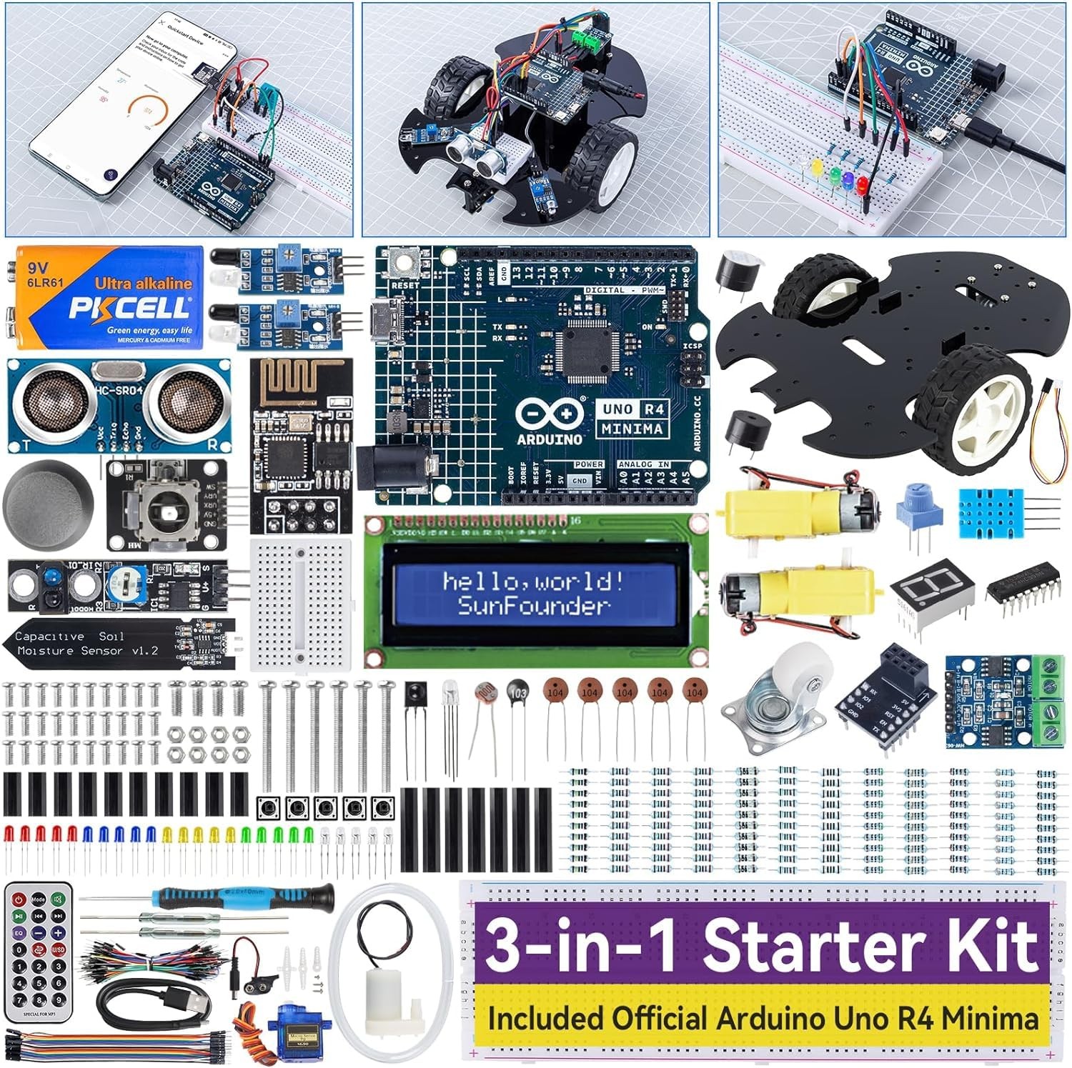 3-in-1 Super Starter Kit with Original Arduino Uno R4 Minima, IoT&Smart Car P...