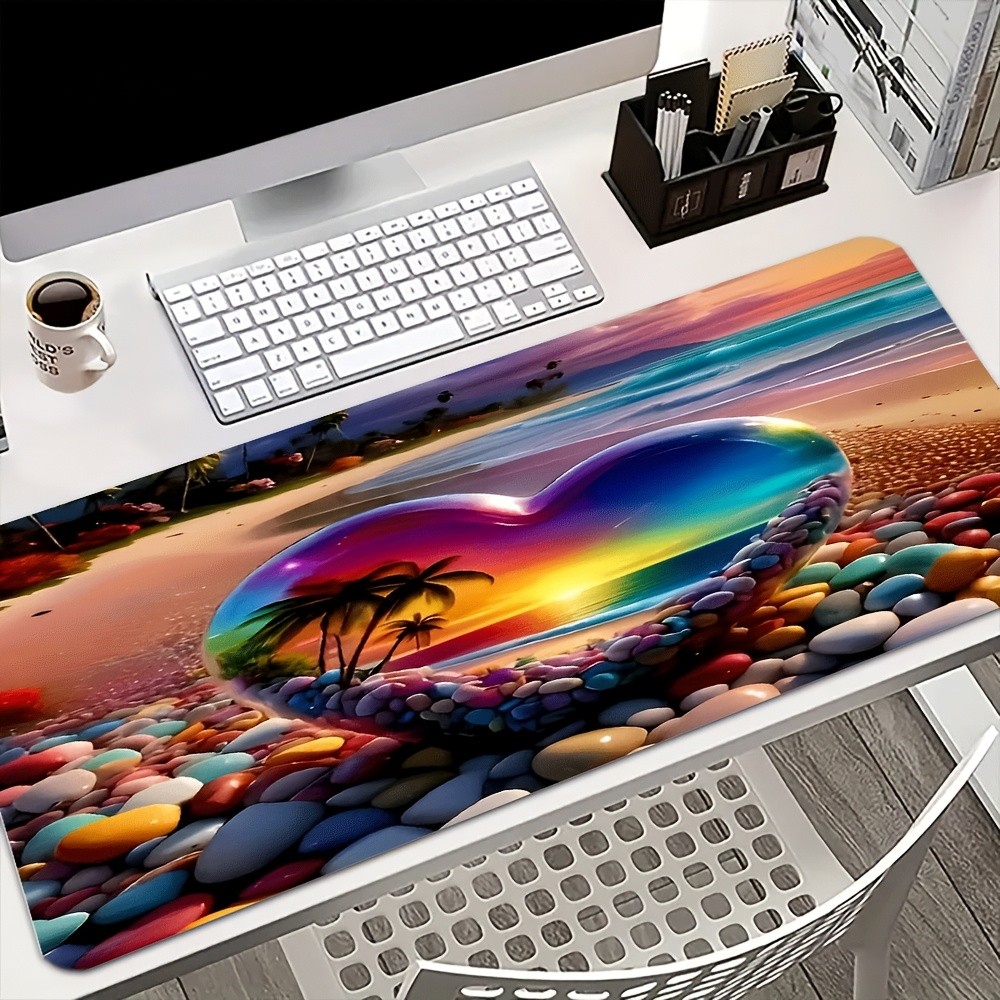 1pc Mouse Pad, Heart-Shaped Glass Beach Sunset, Extra Large Long Gaming Mouse