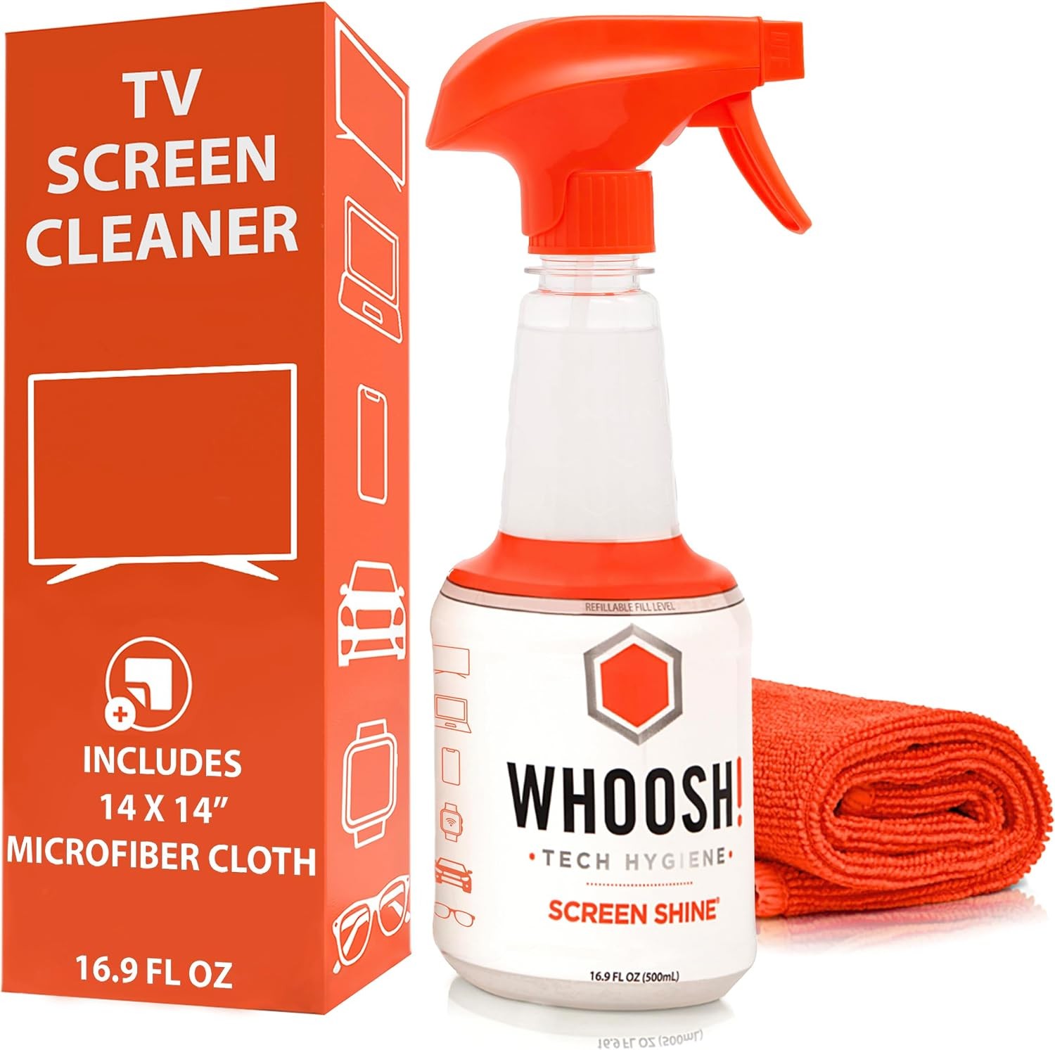 WHOOSH Pro 16.9 fl oz Refillable TV Screen Cleaner & Microfiber Cloth - Streak-
