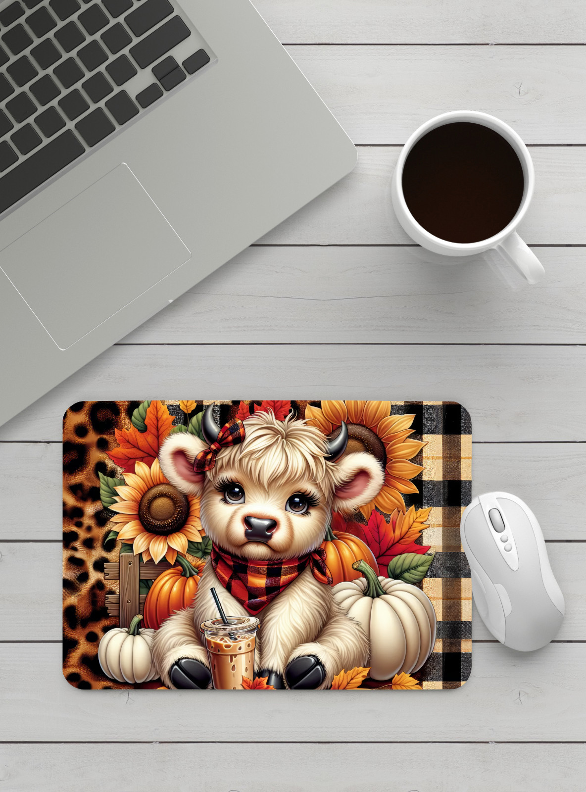Handmade Designed Cute Fall Theme Hightland Cow Mousepad.