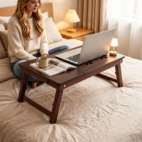 Bamboo Lap Desk Adjustable Foldable Bed Tray 4 Tilt Angles Storage Drawer Brown