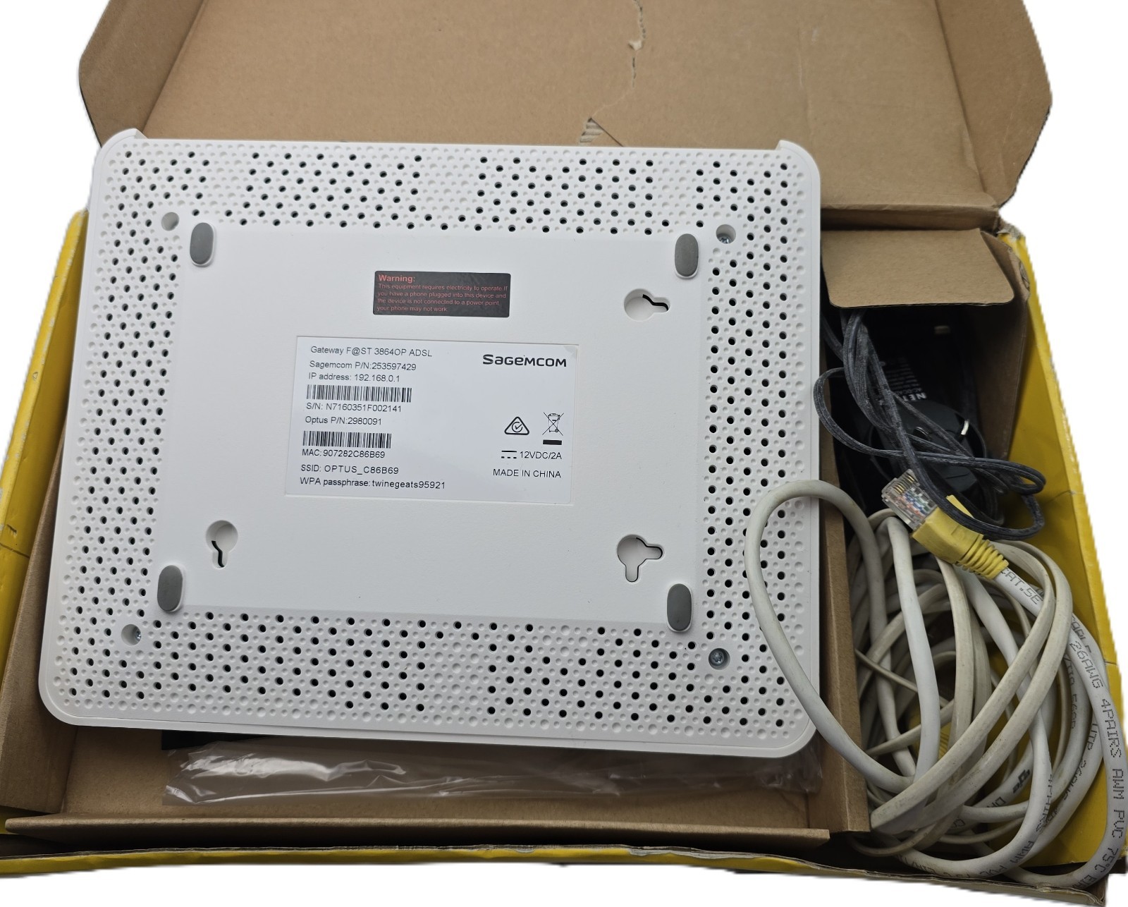 Sagemcom F@ST-3864OP ADSL WiFi Modem Router Optus Gateway (Pre-owned)