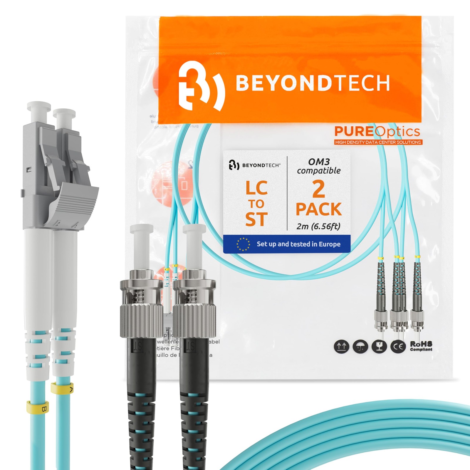 BEYONDTECH 2m (6.56ft) LC ST Fiber Patch Cable (2-Pack) UPC Multimode Duplex